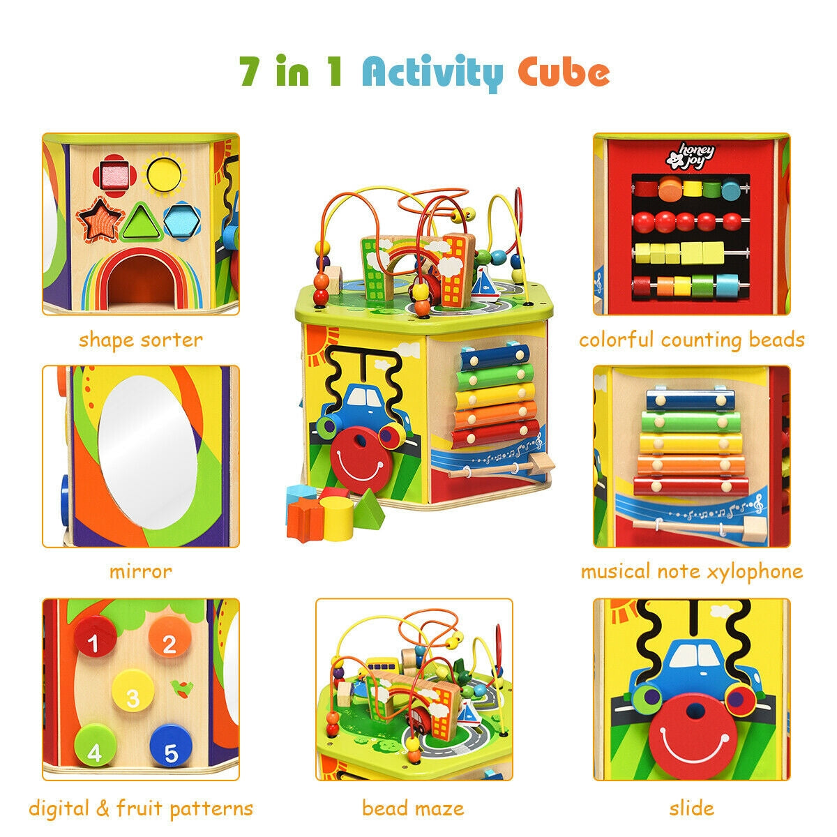 7-in-1 Wooden Activity Cube Toy Kids Crystal