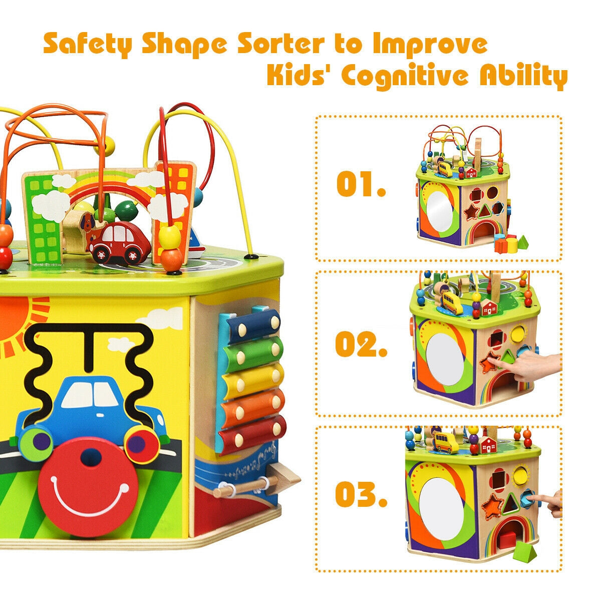 7-in-1 Wooden Activity Cube Toy Kids Crystal