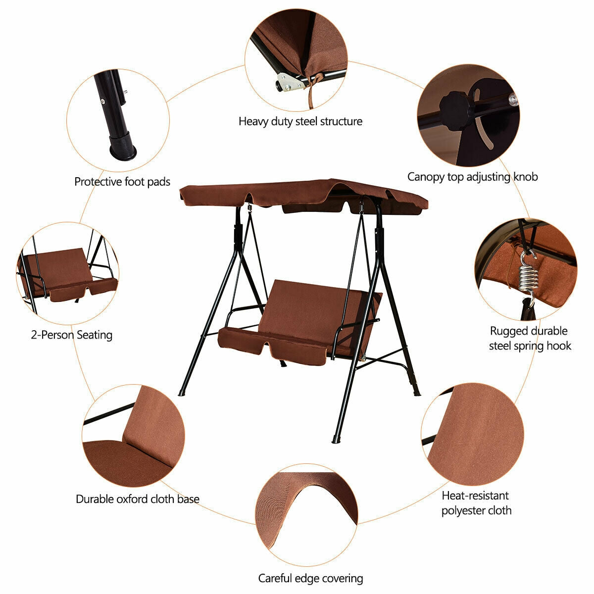 Loveseat Cushioned Patio Steel Frame Swing Glider-Coffee Kids Crystal