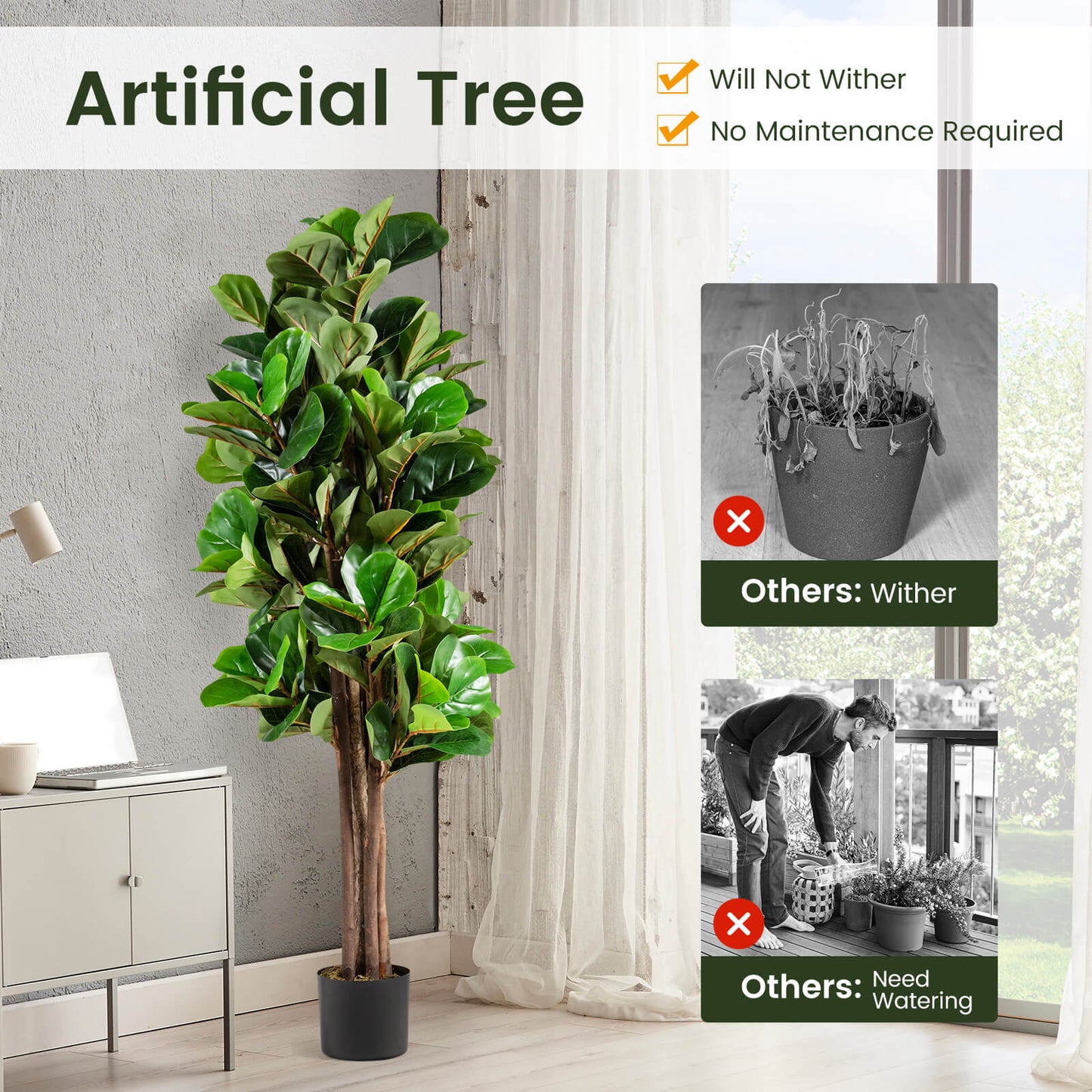 5 Feet Artificial Fiddle Leaf Fig Tree Decorative Planter Kids Crystal
