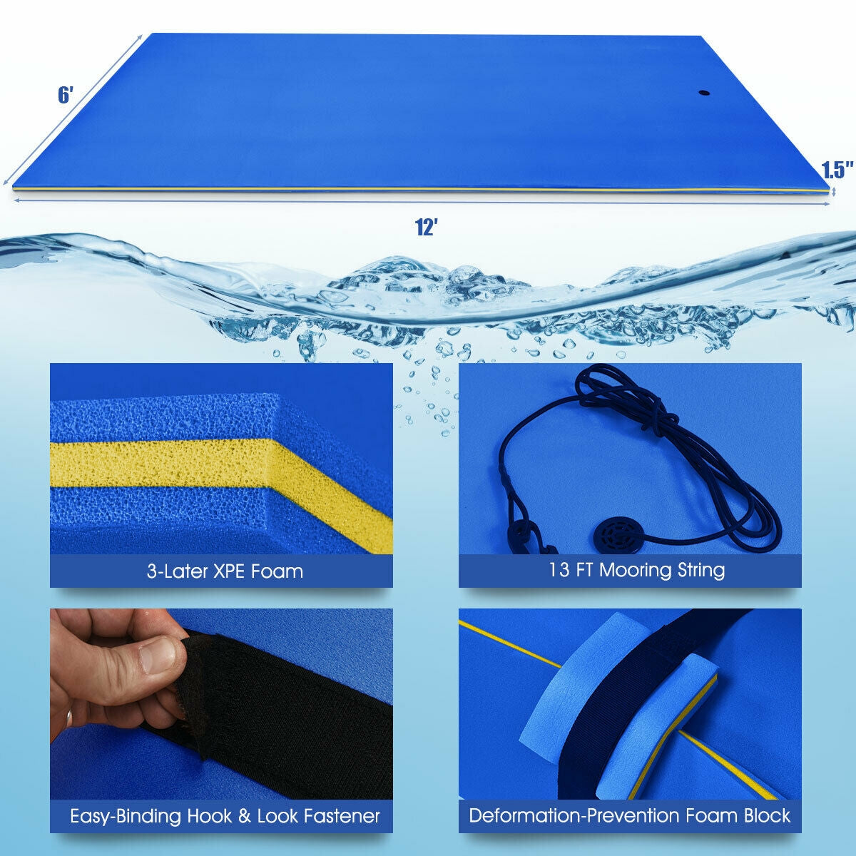 12 x 6 Feet 3 Layer Floating Water Pad-Blue Kids Crystal