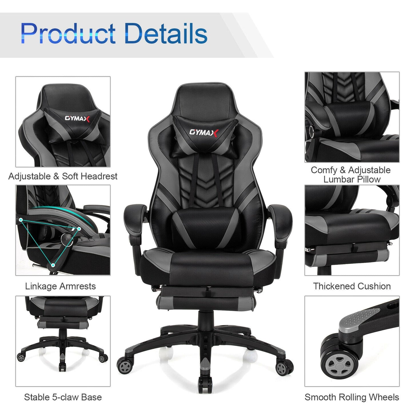 Adjustable Gaming Chair with Footrest for Home Office-Gray Kids Crystal