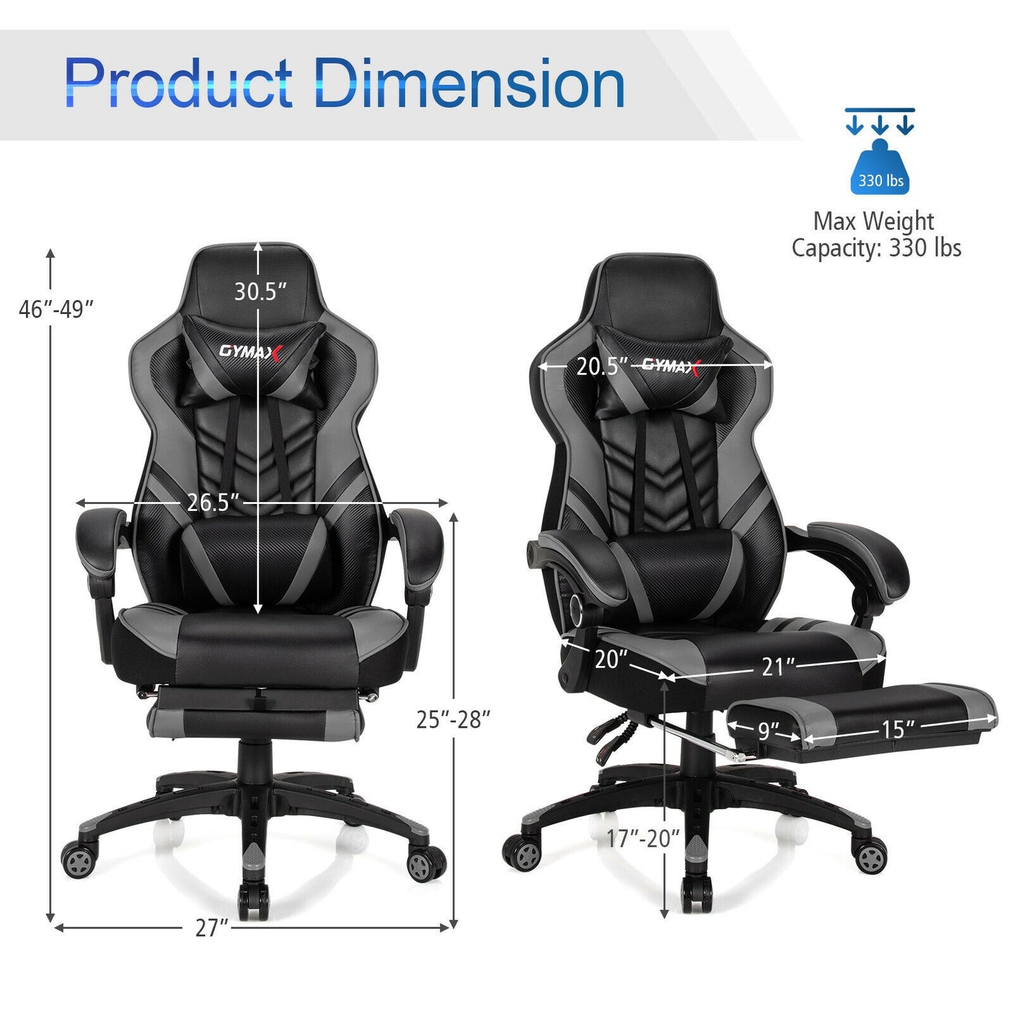 Adjustable Gaming Chair with Footrest for Home Office-Gray Kids Crystal