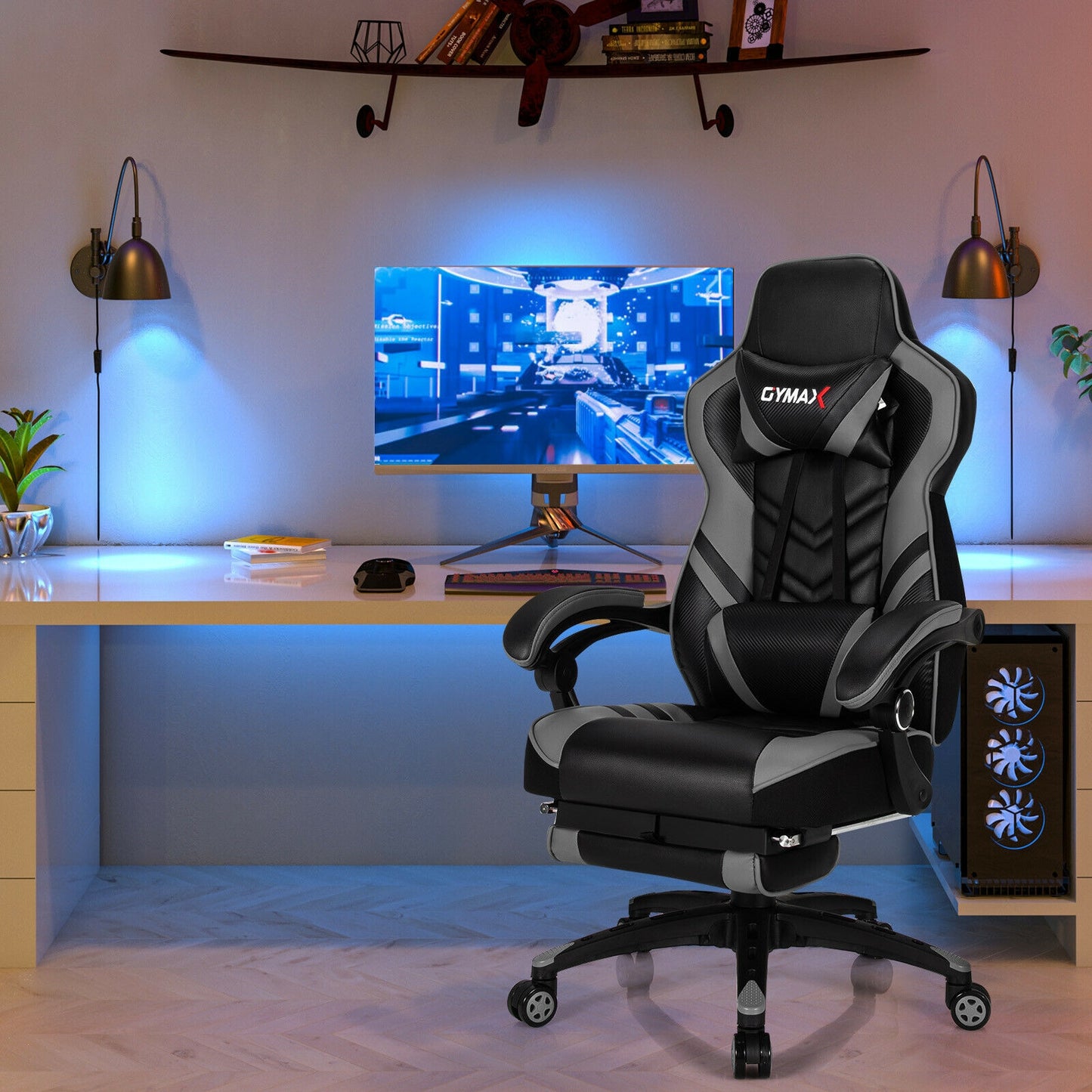 Adjustable Gaming Chair with Footrest for Home Office-Gray Kids Crystal
