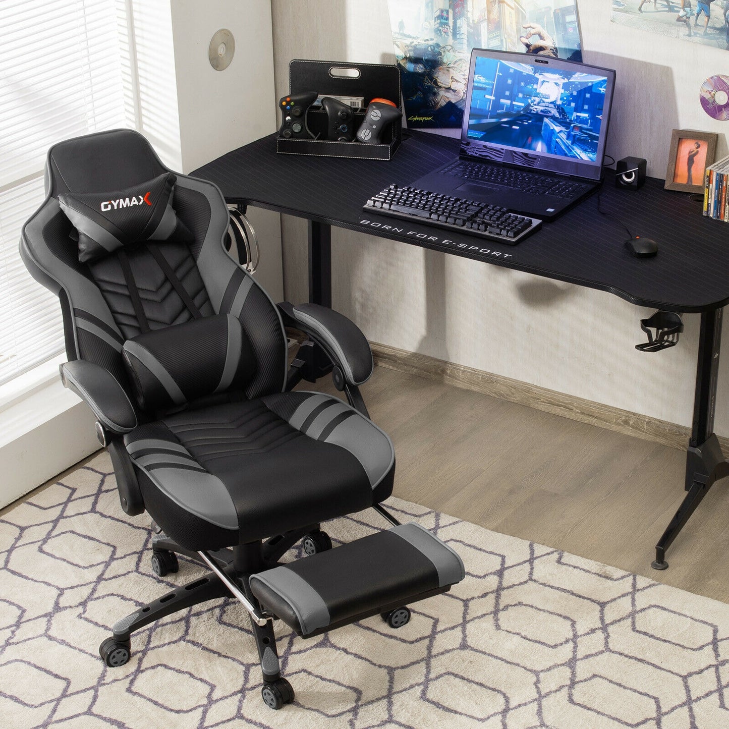 Adjustable Gaming Chair with Footrest for Home Office-Gray Kids Crystal