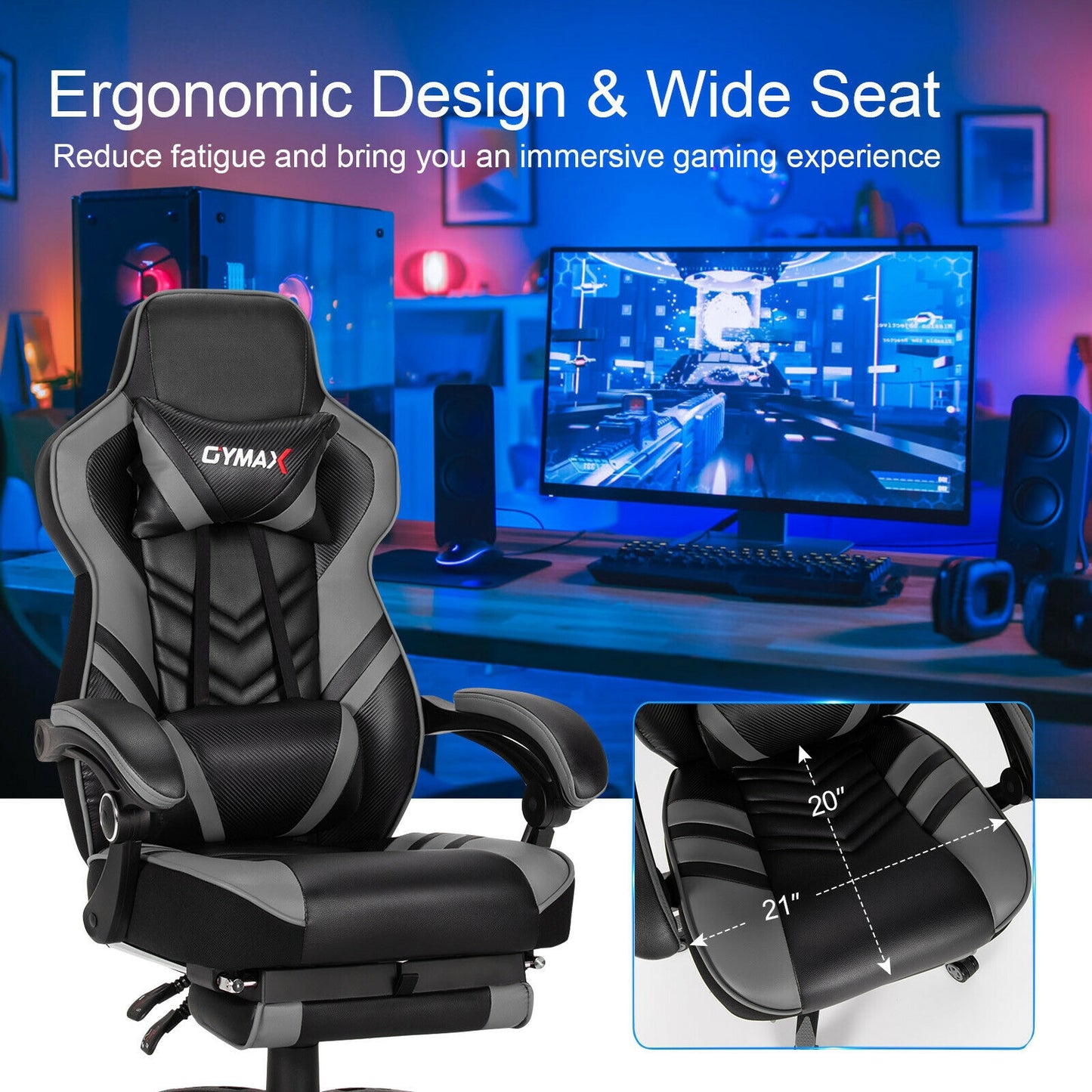 Adjustable Gaming Chair with Footrest for Home Office-Gray Kids Crystal