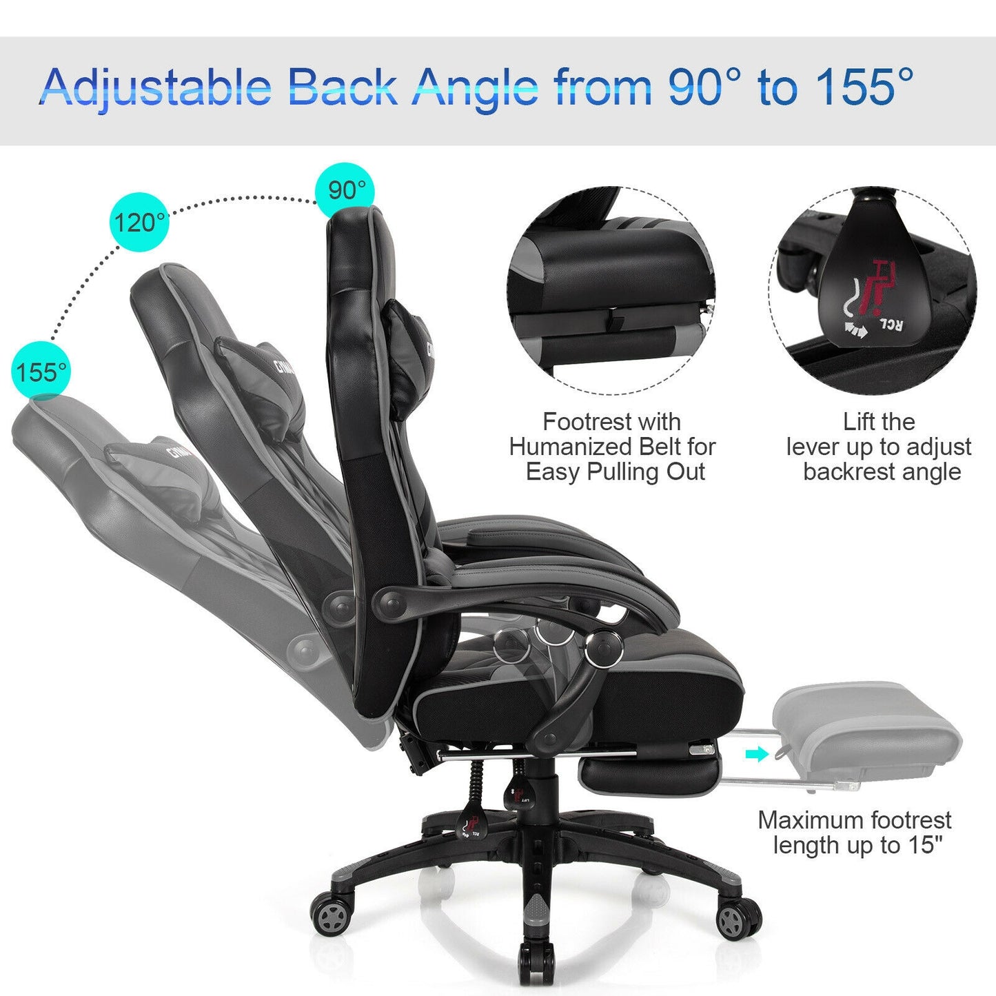 Adjustable Gaming Chair with Footrest for Home Office-Gray Kids Crystal