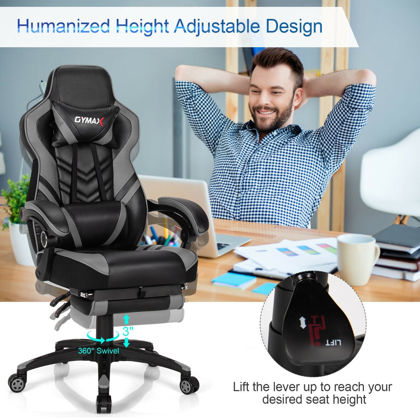 Adjustable Gaming Chair with Footrest for Home Office-Gray Kids Crystal
