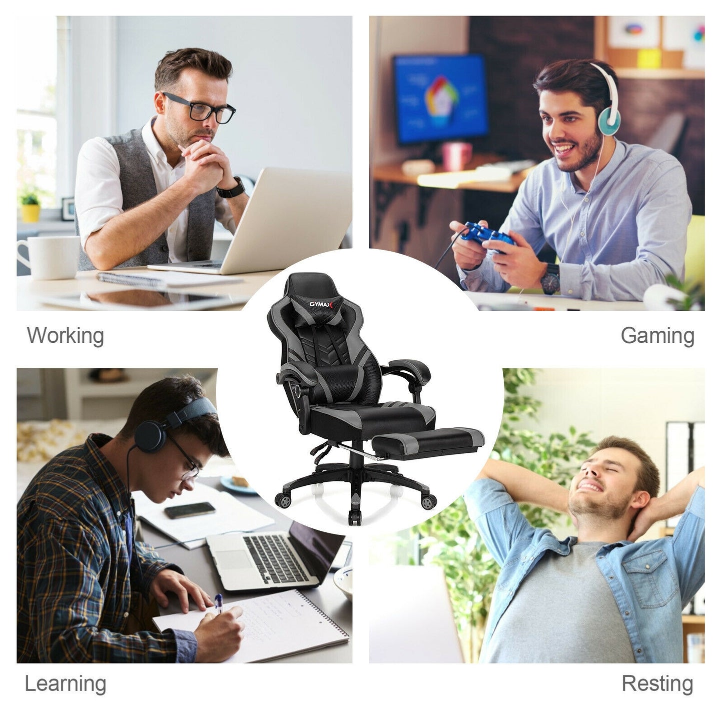 Adjustable Gaming Chair with Footrest for Home Office-Gray Kids Crystal