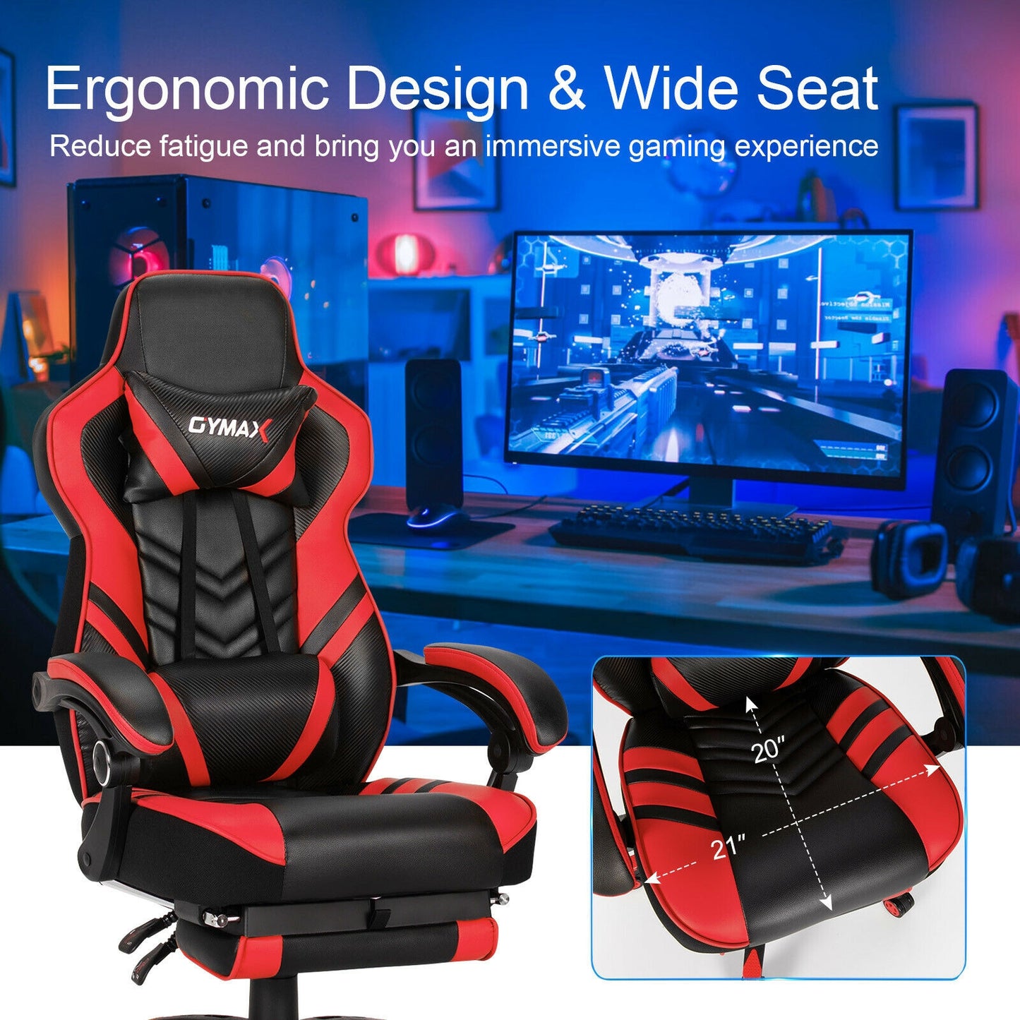 Adjustable Gaming Chair with Footrest for Home Office-Red Kids Crystal