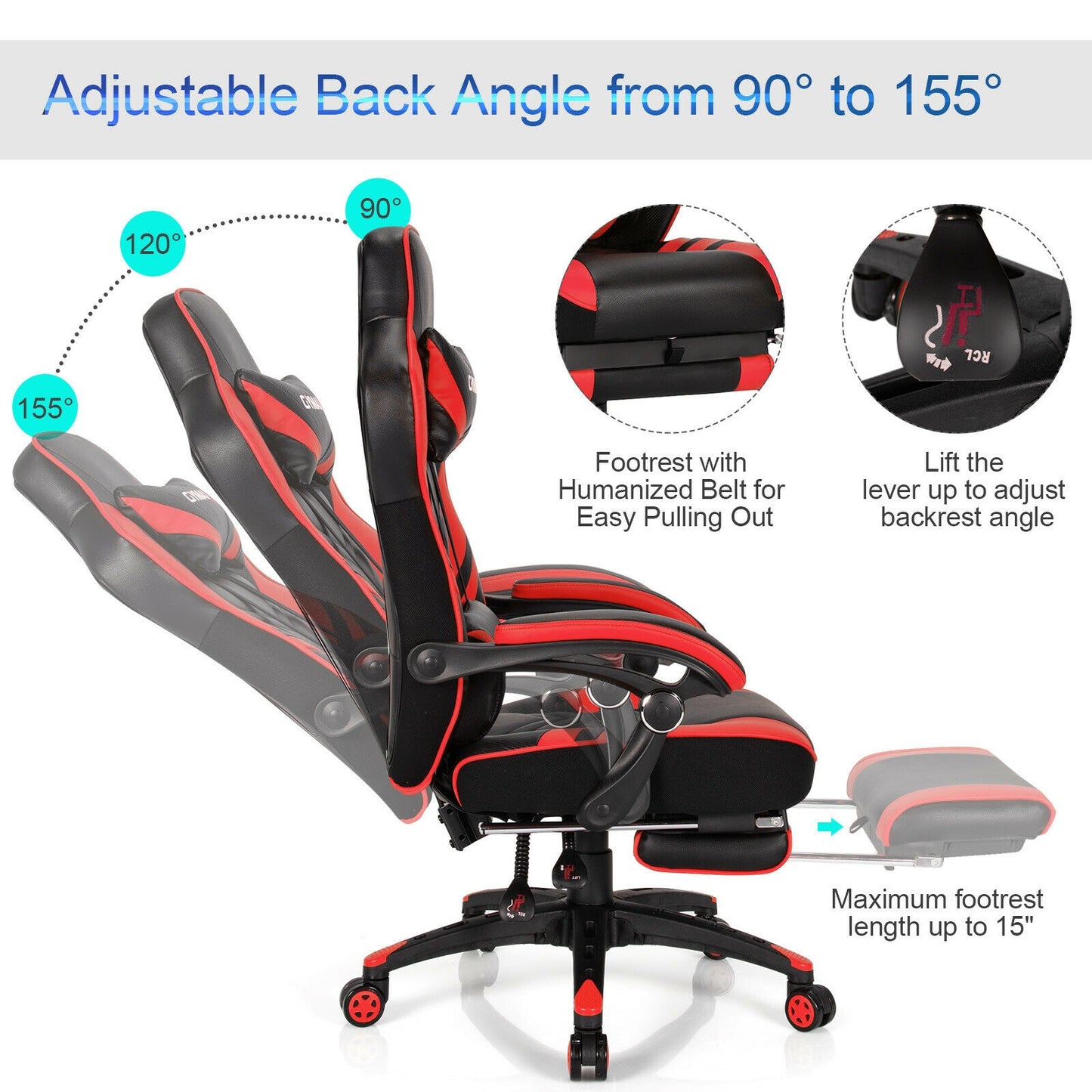 Adjustable Gaming Chair with Footrest for Home Office-Red Kids Crystal