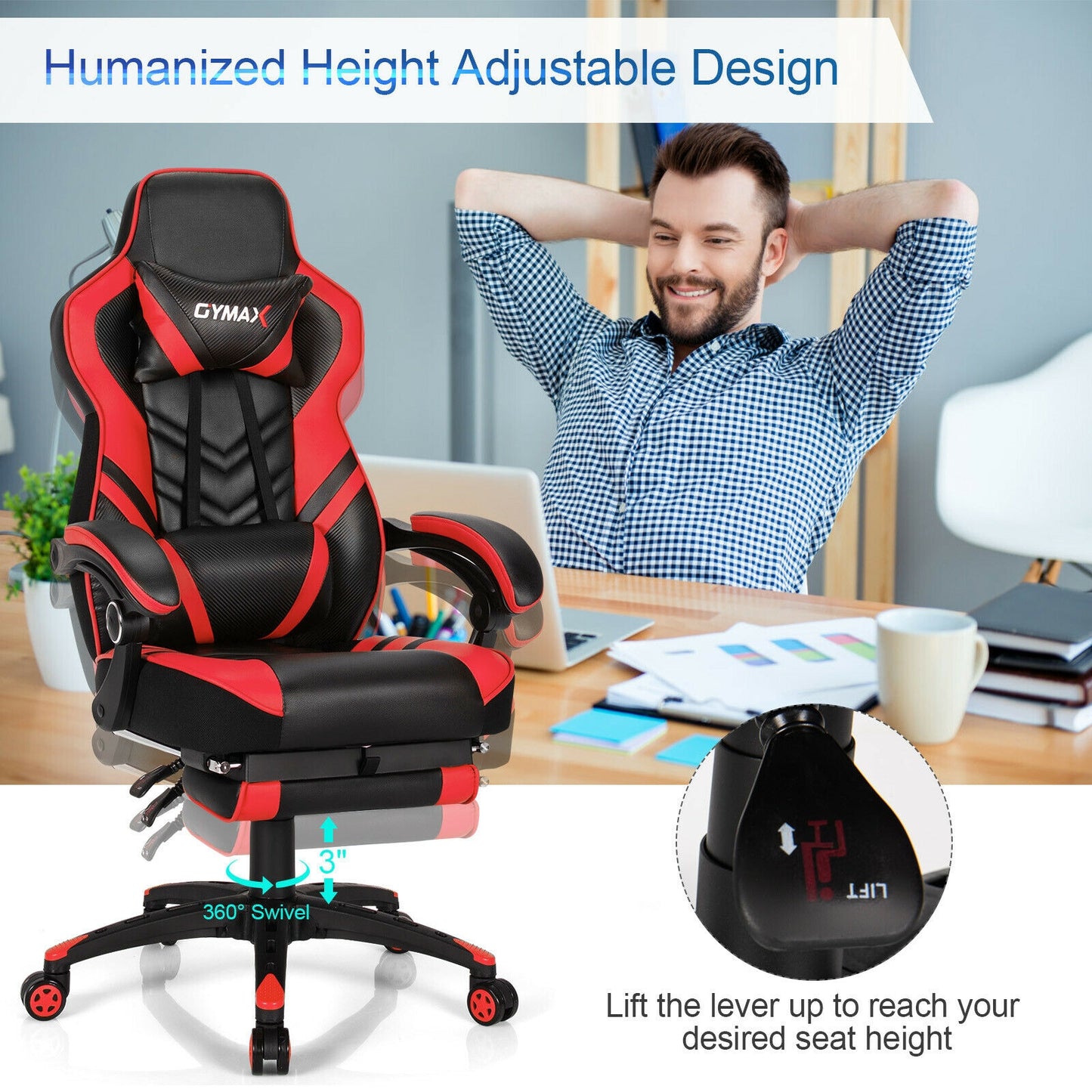 Adjustable Gaming Chair with Footrest for Home Office-Red Kids Crystal