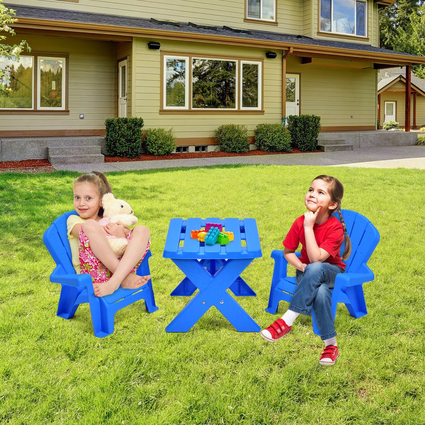 3-Piece Plastic Children Table Chair Set-Blue Kids Crystal