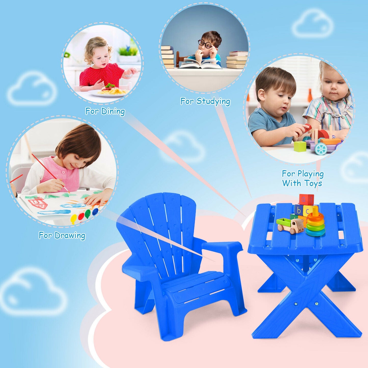 3-Piece Plastic Children Table Chair Set-Blue Kids Crystal