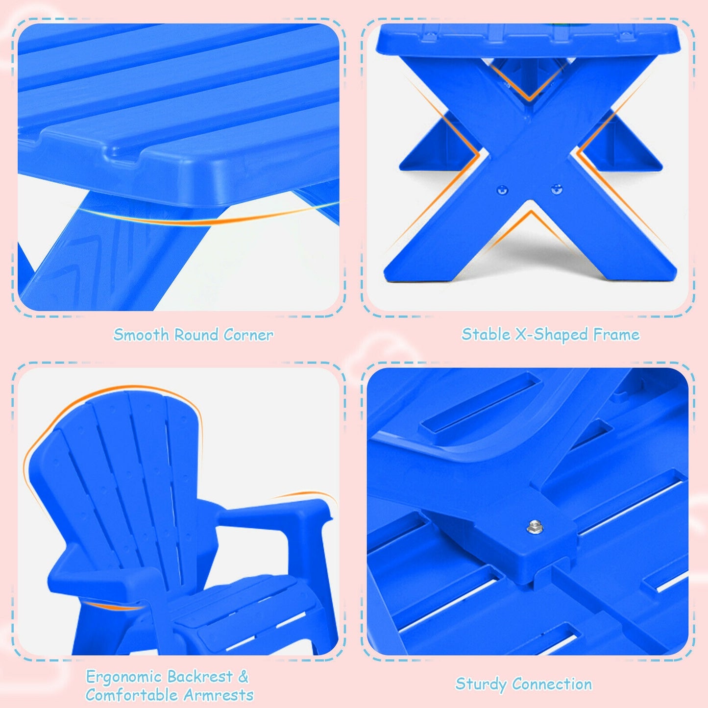 3-Piece Plastic Children Table Chair Set-Blue Kids Crystal