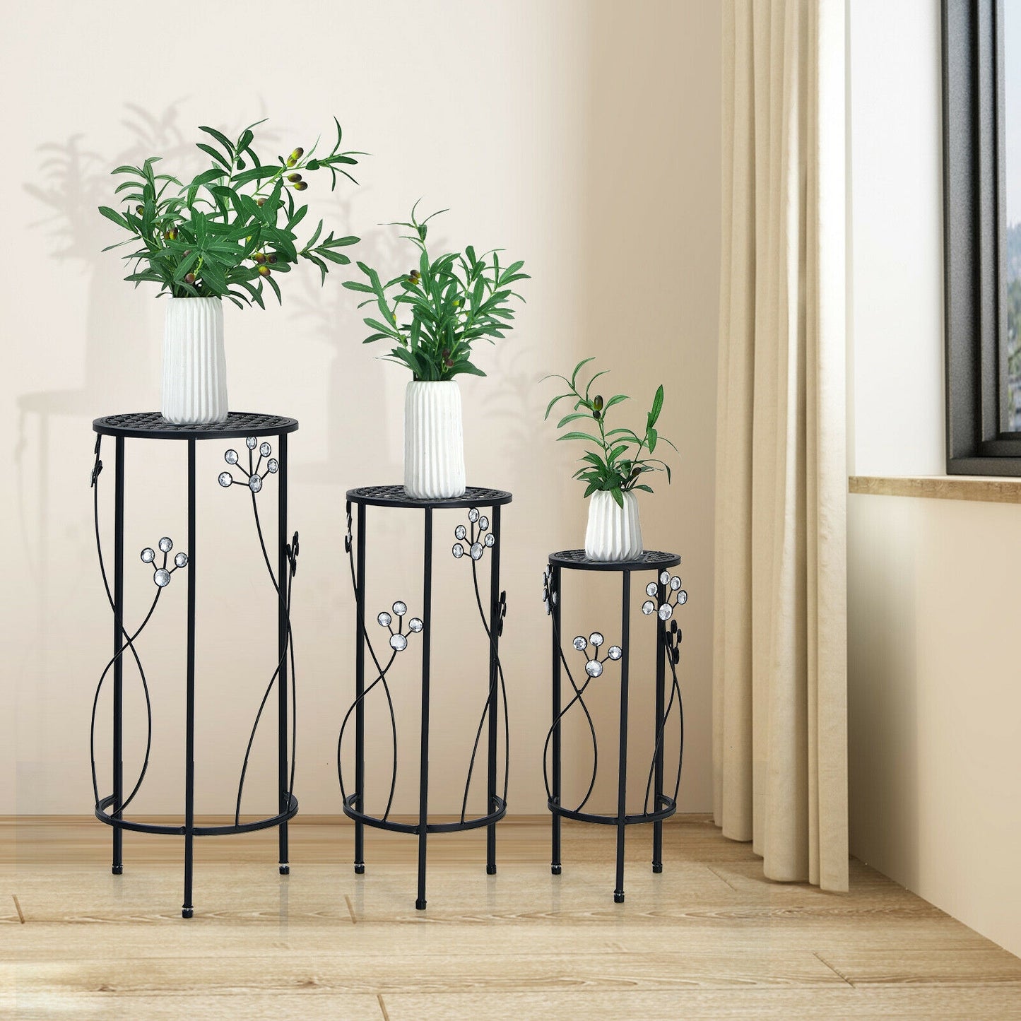 3 Pieces Metal Plant Stand Set with Crystal Floral Accents Round-Black Kids Crystal