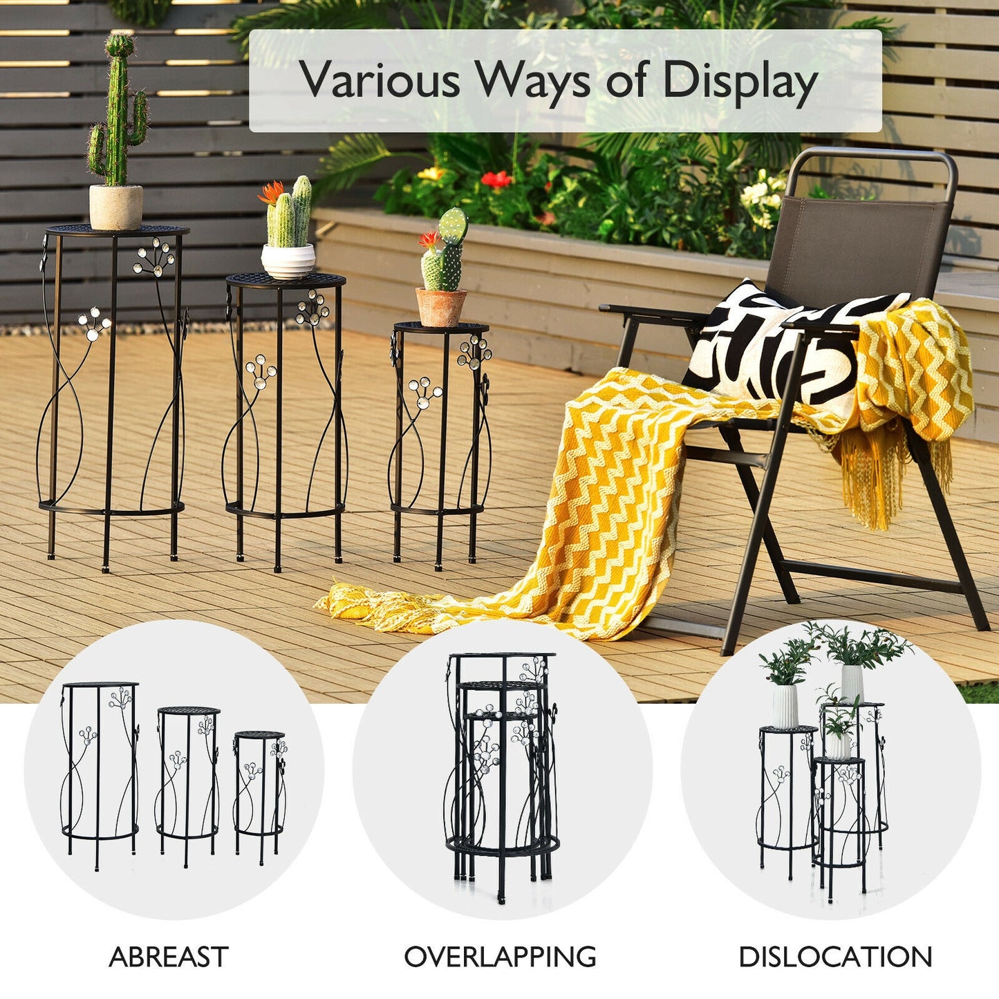 3 Pieces Metal Plant Stand Set with Crystal Floral Accents Round-Black Kids Crystal