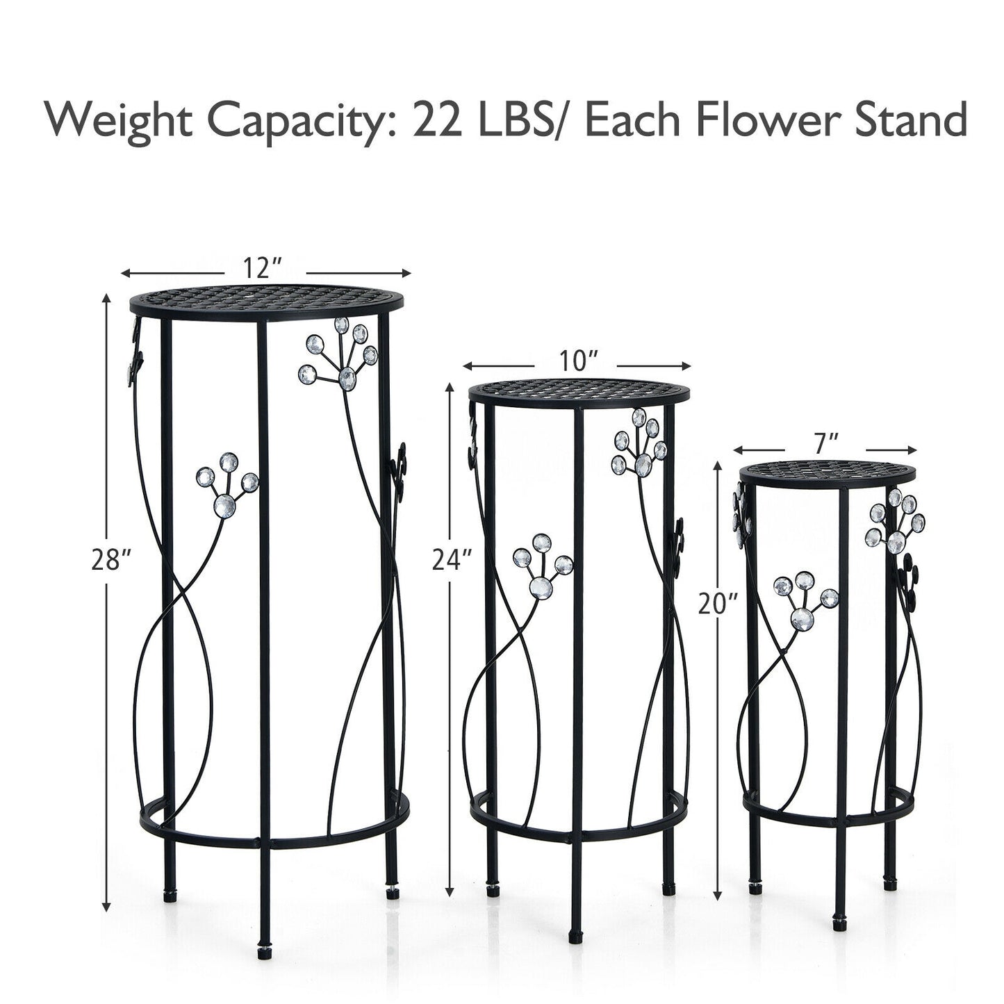 3 Pieces Metal Plant Stand Set with Crystal Floral Accents Round-Black Kids Crystal
