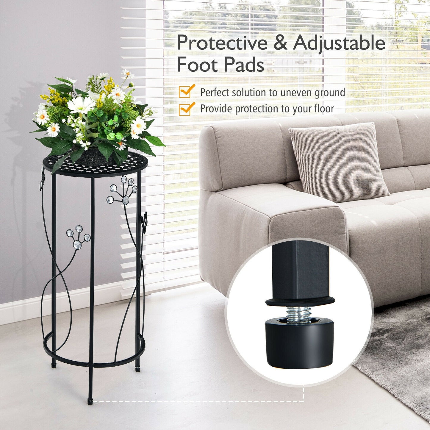 3 Pieces Metal Plant Stand Set with Crystal Floral Accents Round-Black Kids Crystal