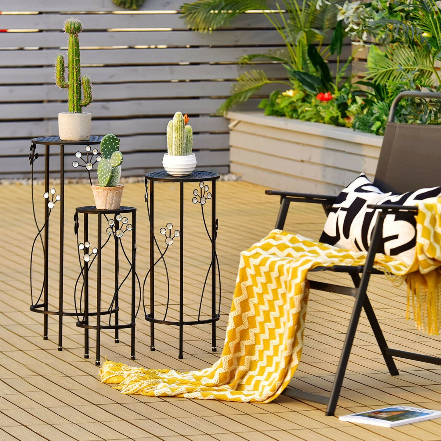 3 Pieces Metal Plant Stand Set with Crystal Floral Accents Round-Black Kids Crystal