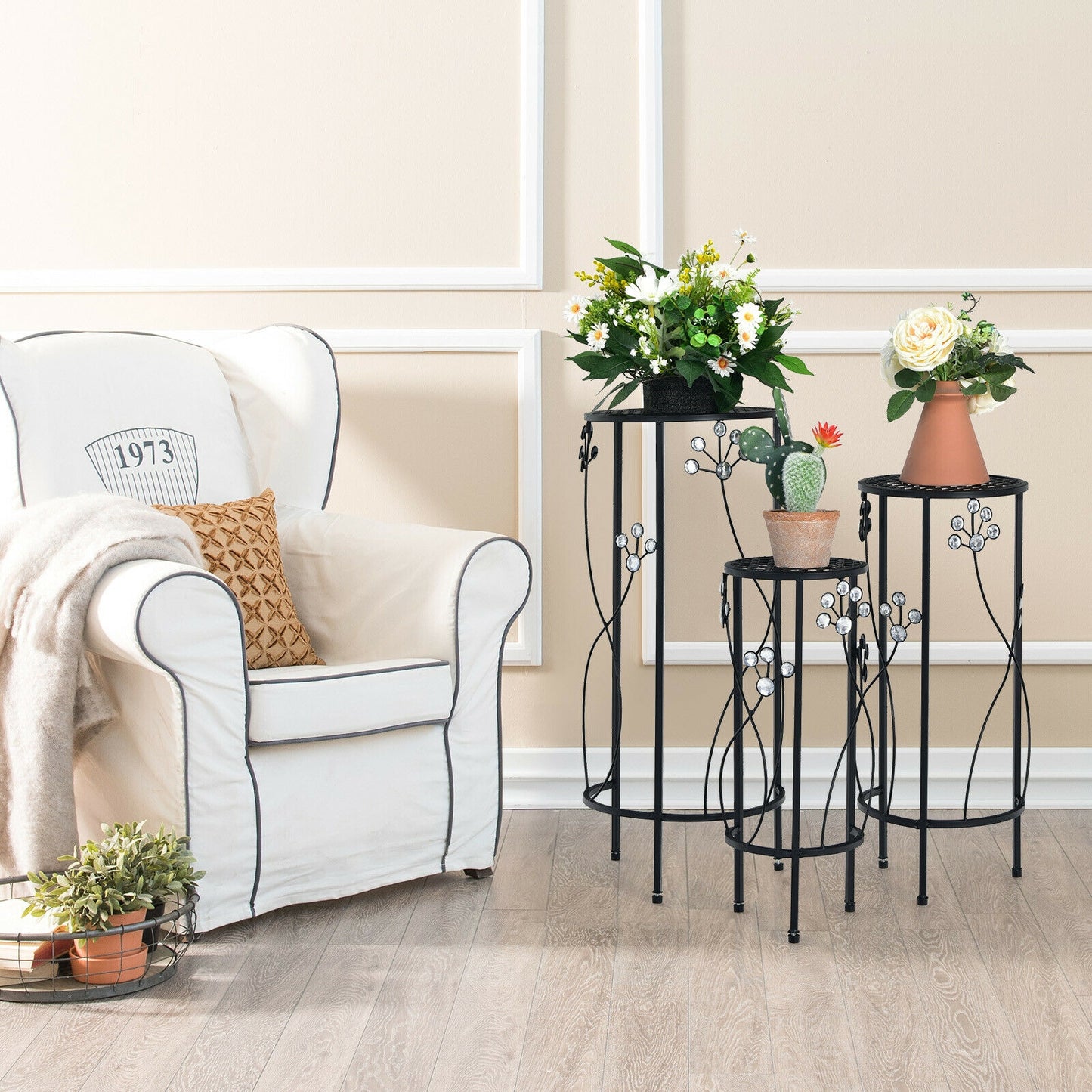 3 Pieces Metal Plant Stand Set with Crystal Floral Accents Round-Black Kids Crystal