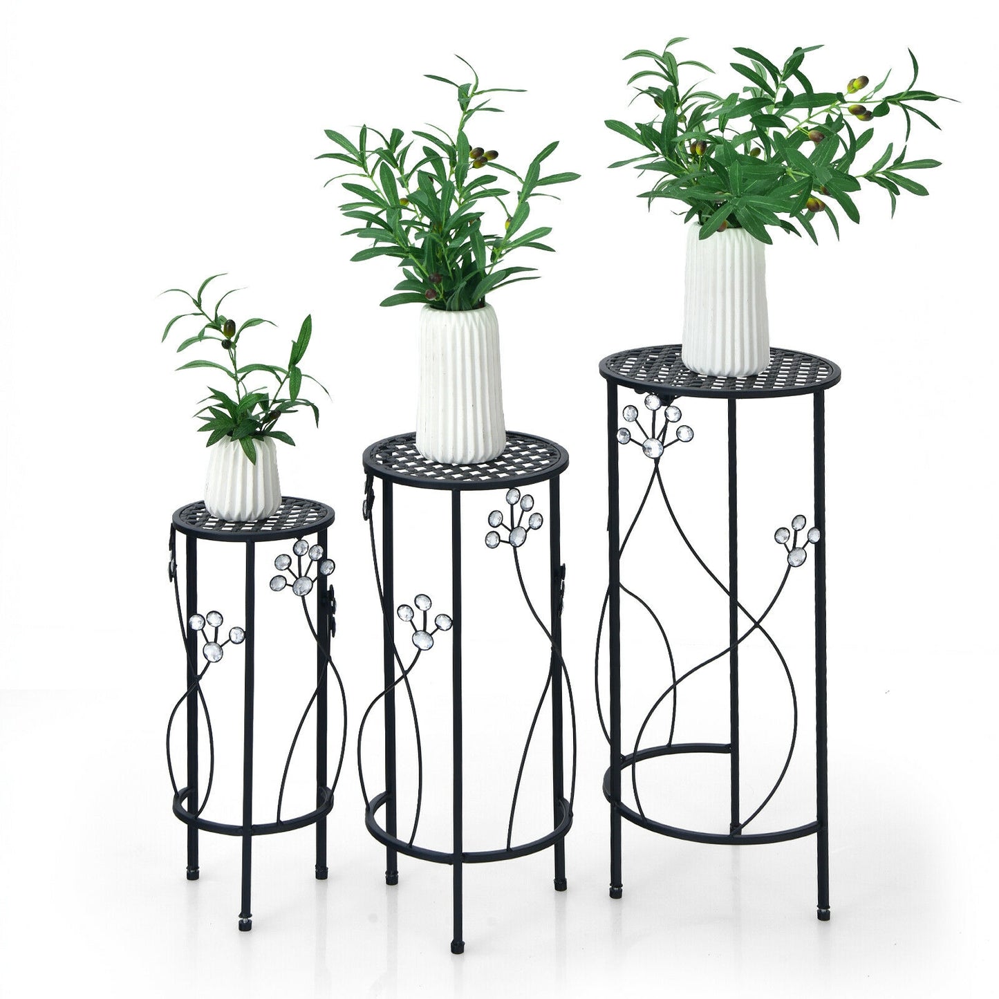 3 Pieces Metal Plant Stand Set with Crystal Floral Accents Round-Black Kids Crystal