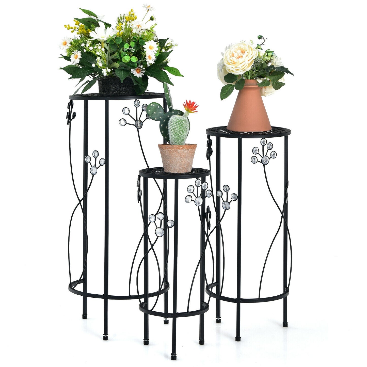 3 Pieces Metal Plant Stand Set with Crystal Floral Accents Round-Black Kids Crystal