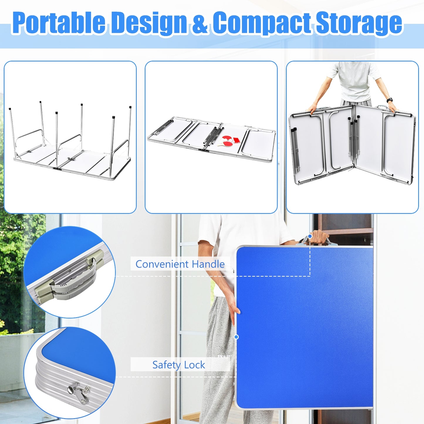 60 Inch Portable Tennis Ping Pong Folding Table with Accessories-Blue Kids Crystal