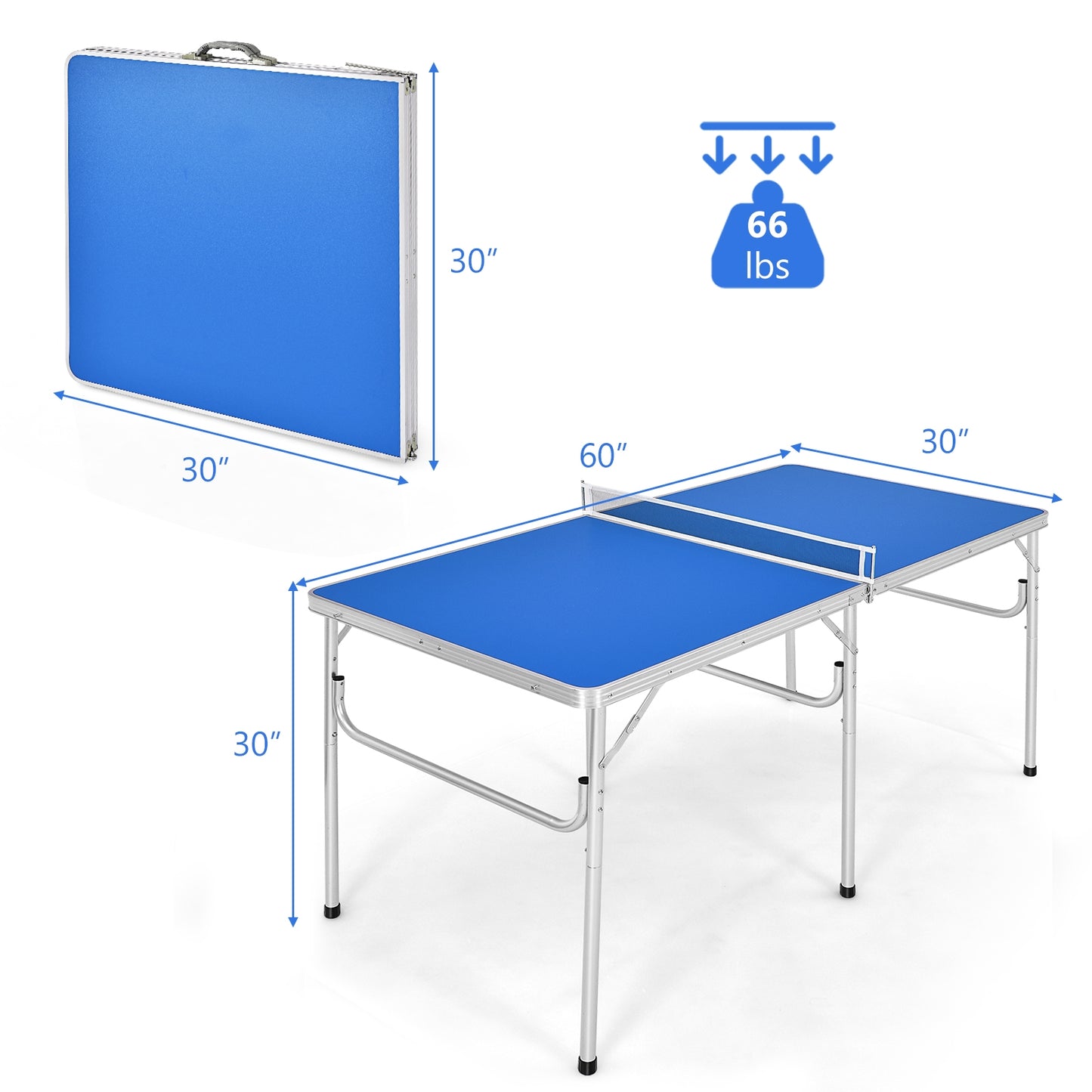 60 Inch Portable Tennis Ping Pong Folding Table with Accessories-Blue Kids Crystal
