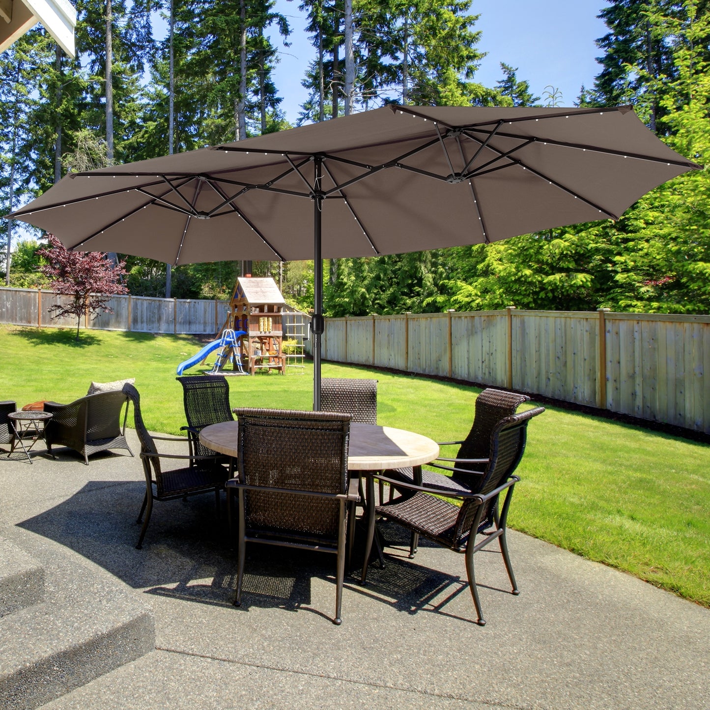 15 Feet Twin Patio Umbrella with 48 Solar LED Lights-Coffee Kids Crystal