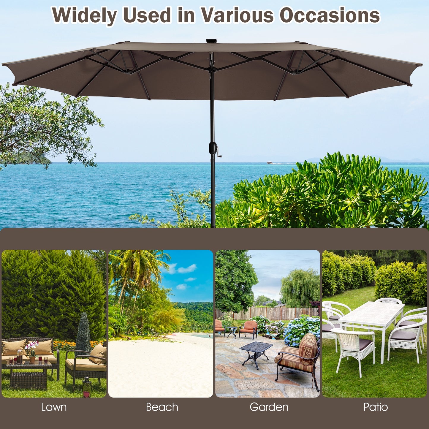 15 Feet Twin Patio Umbrella with 48 Solar LED Lights-Coffee Kids Crystal