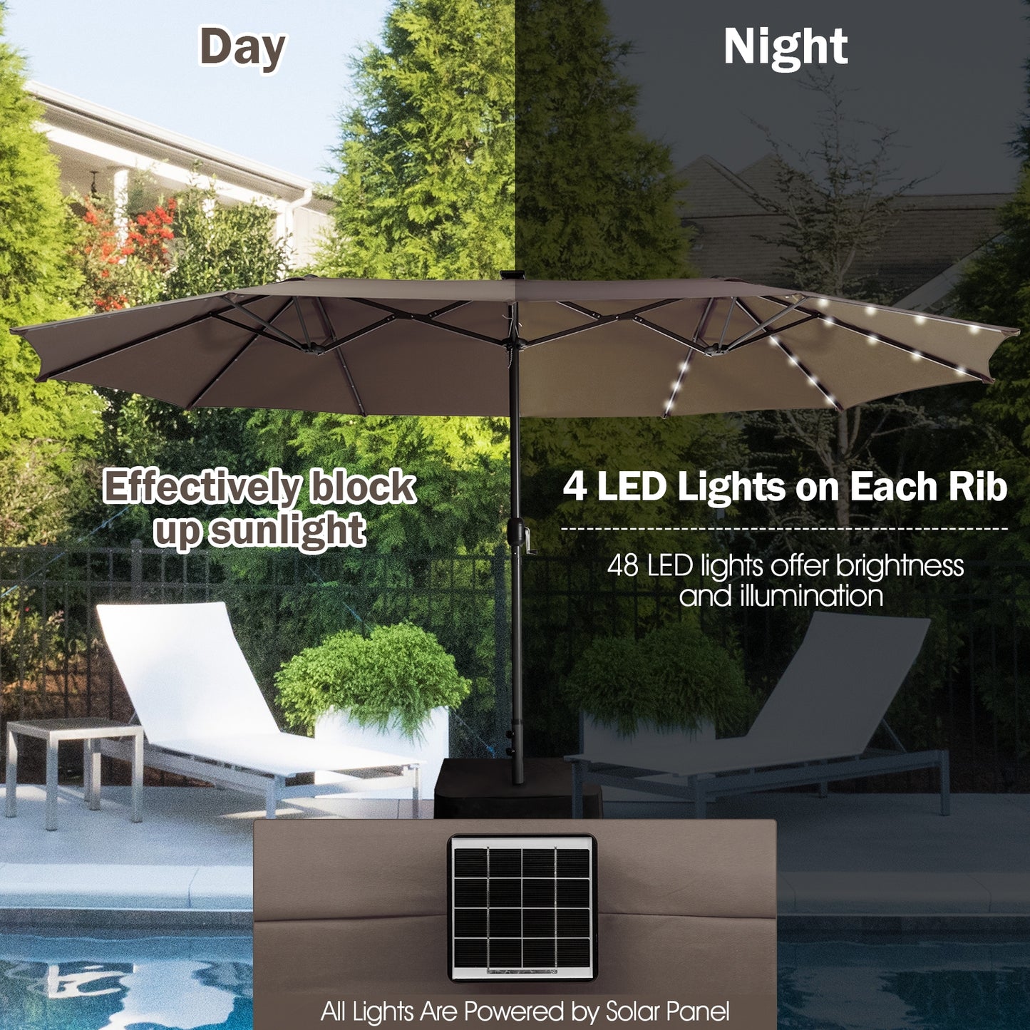 15 Feet Twin Patio Umbrella with 48 Solar LED Lights-Coffee Kids Crystal