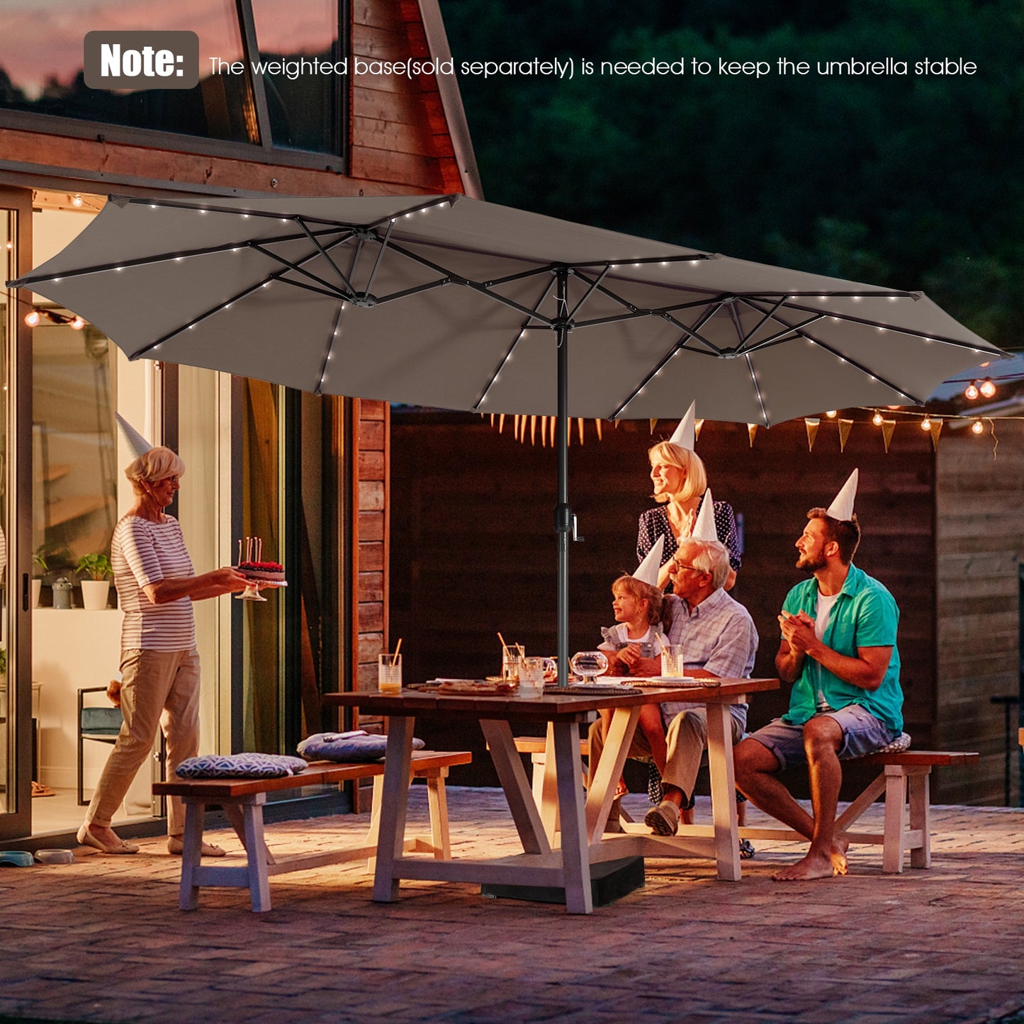15 Feet Twin Patio Umbrella with 48 Solar LED Lights-Coffee Kids Crystal