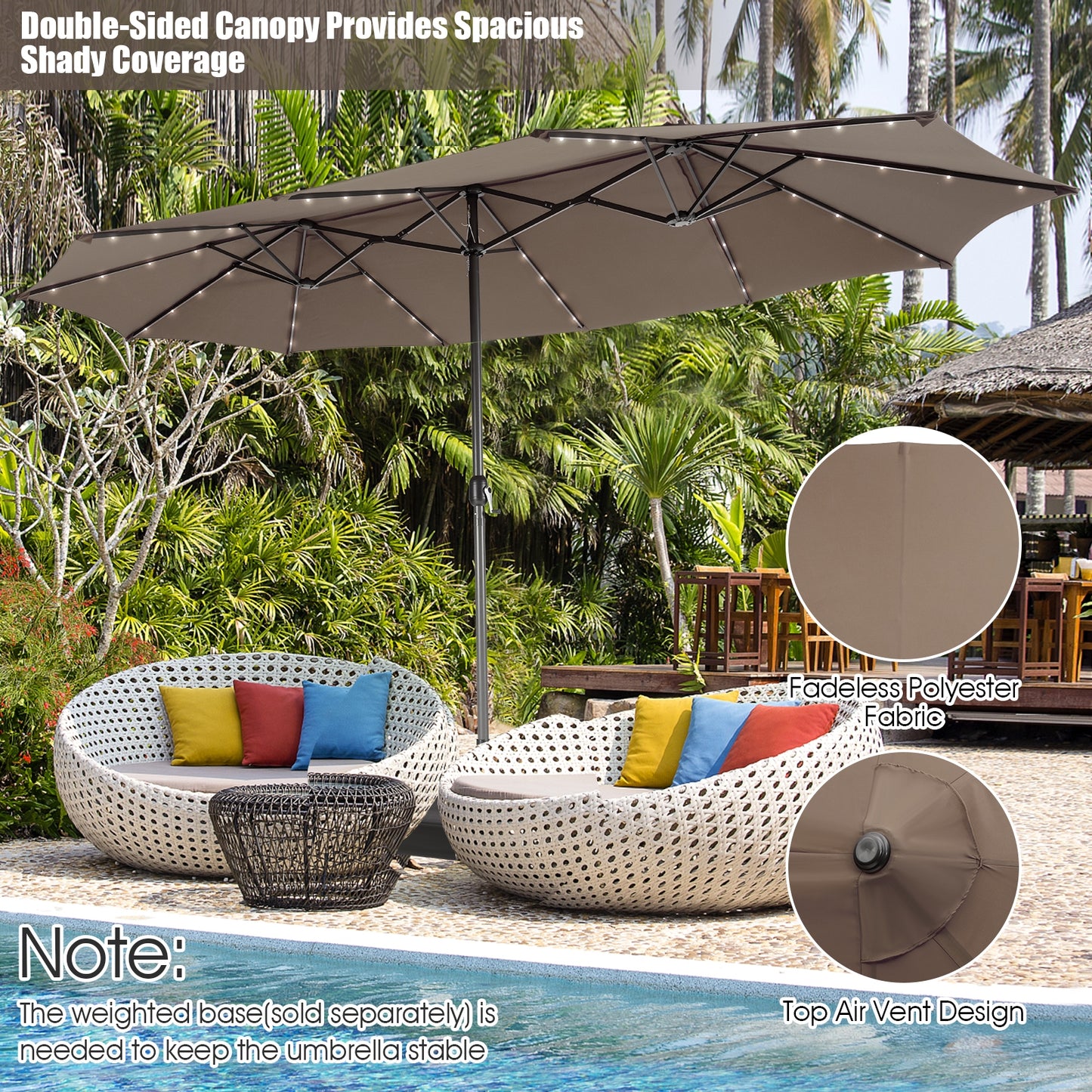 15 Feet Twin Patio Umbrella with 48 Solar LED Lights-Coffee Kids Crystal