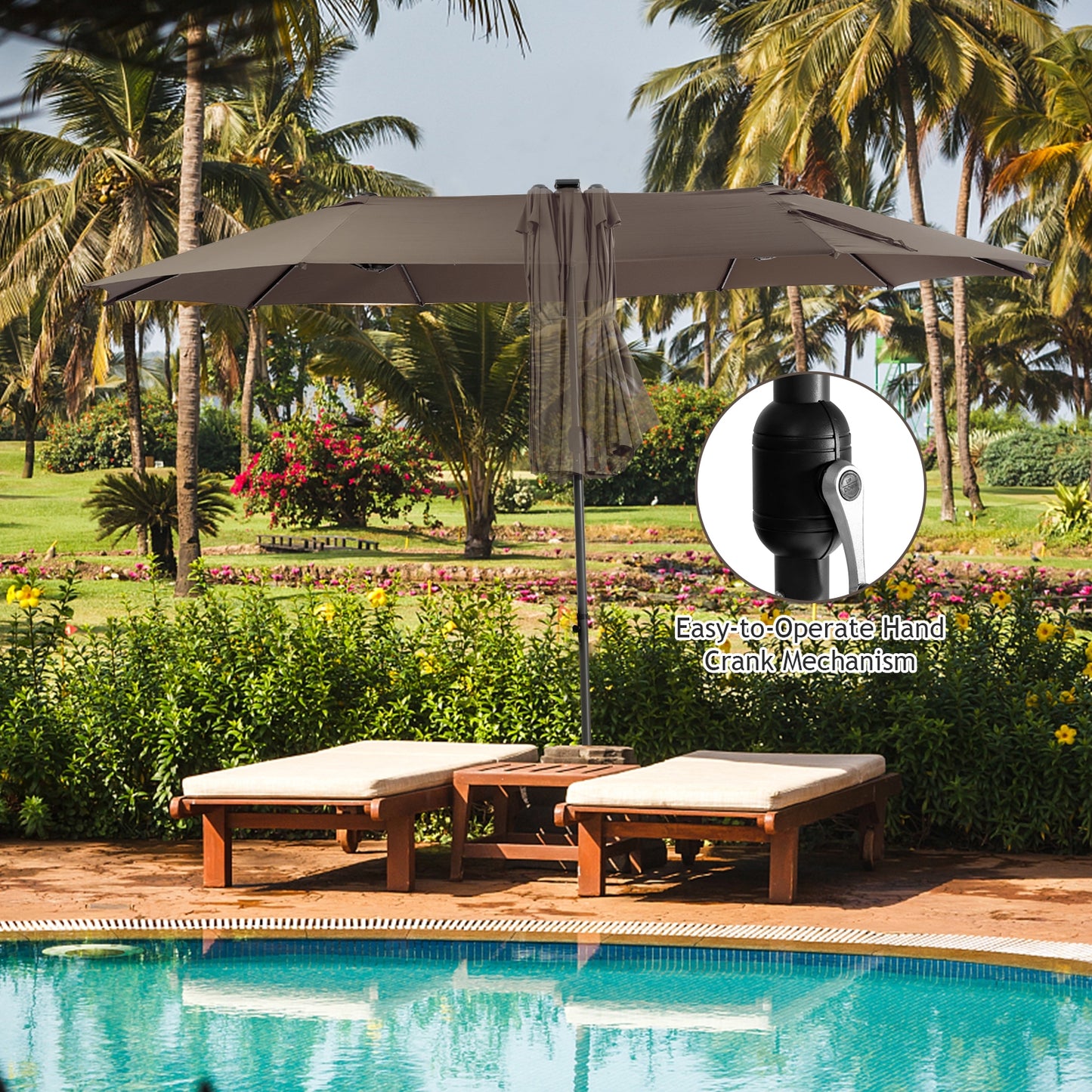 15 Feet Twin Patio Umbrella with 48 Solar LED Lights-Coffee Kids Crystal