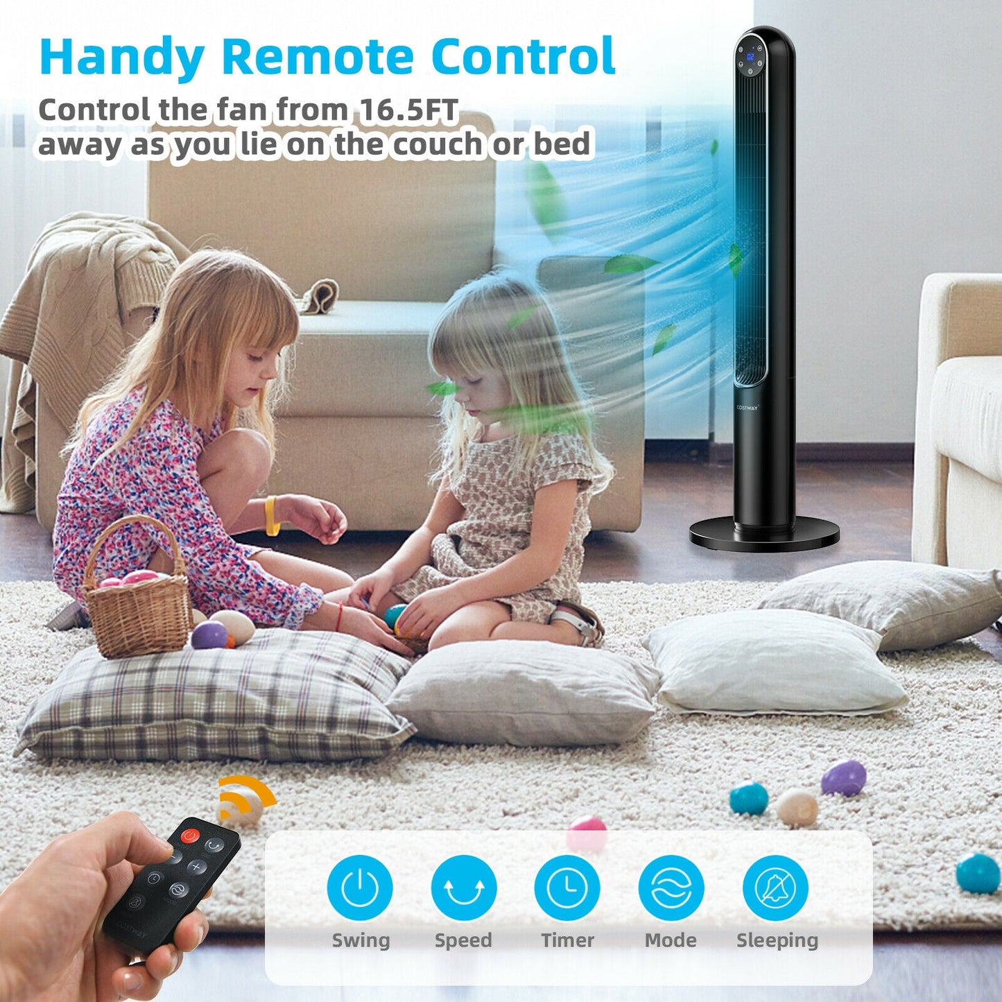 42 Inch 80 Degree Tower Fan with Smart Display Panel and Remote Control-Black Kids Crystal