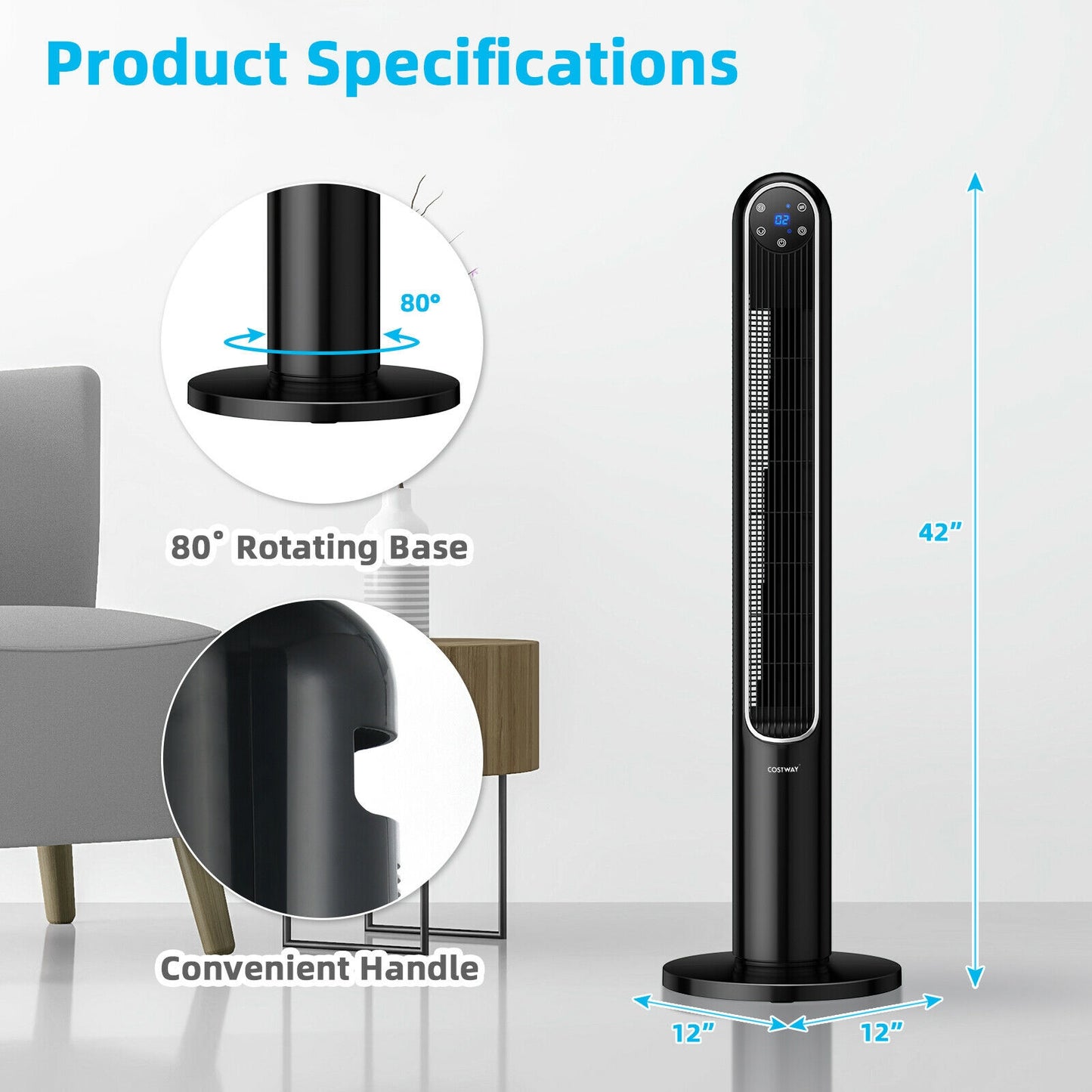 42 Inch 80 Degree Tower Fan with Smart Display Panel and Remote Control-Black Kids Crystal