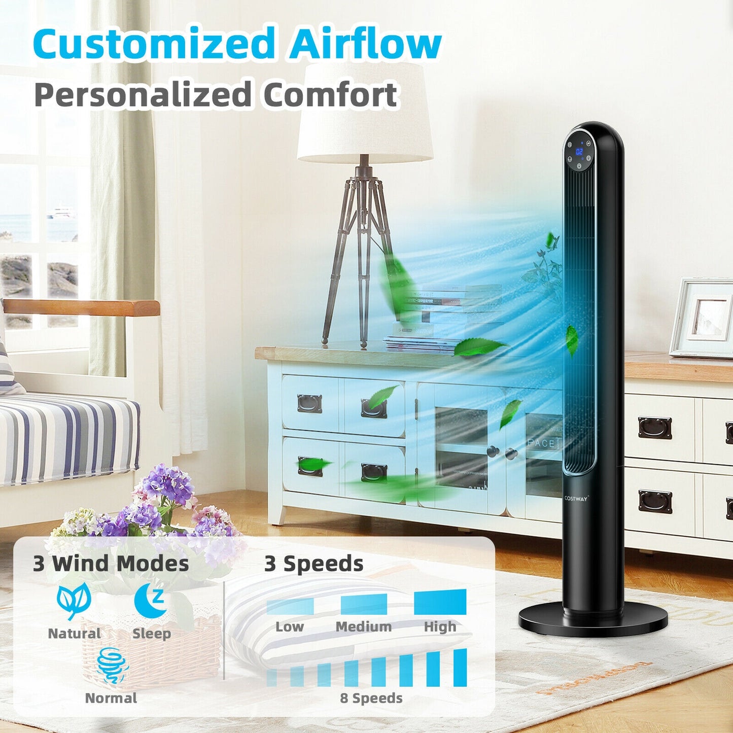 42 Inch 80 Degree Tower Fan with Smart Display Panel and Remote Control-Black Kids Crystal