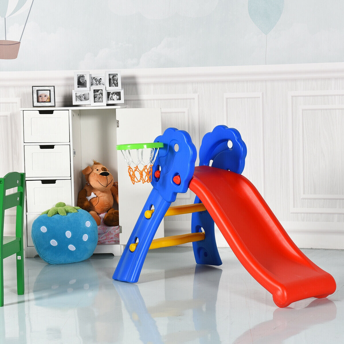 2 Step Indoors Kids Plastic Folding Slide with Basketball Hoop Kids Crystal
