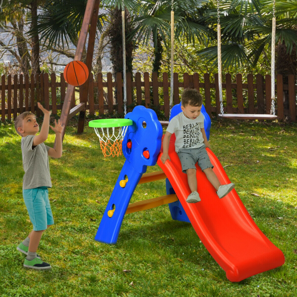 2 Step Indoors Kids Plastic Folding Slide with Basketball Hoop Kids Crystal