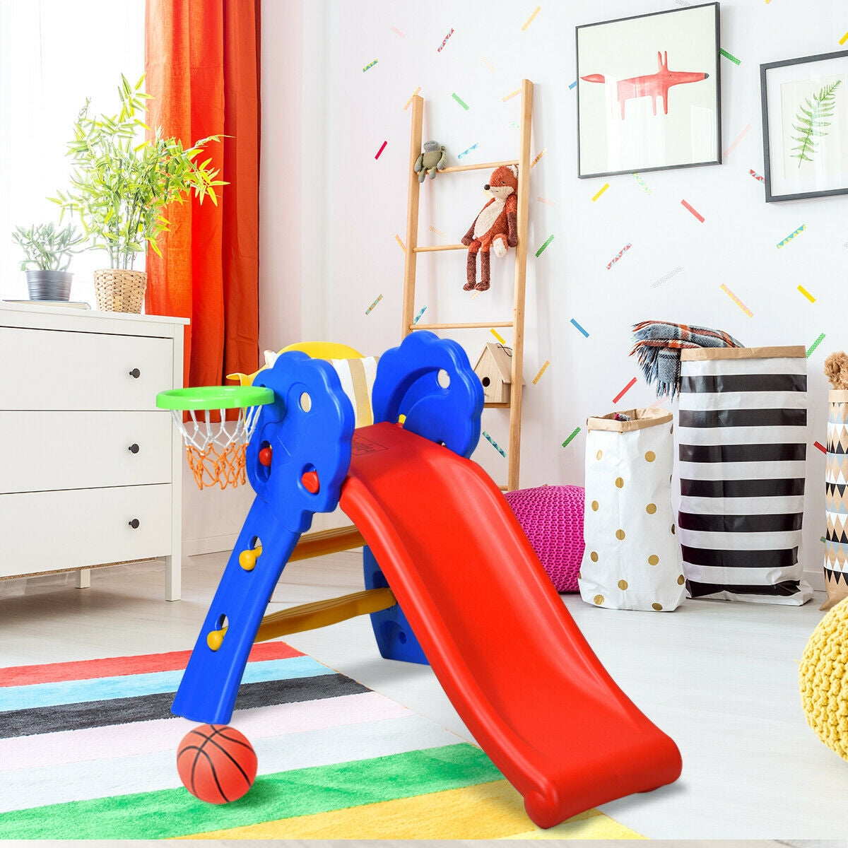 2 Step Indoors Kids Plastic Folding Slide with Basketball Hoop Kids Crystal
