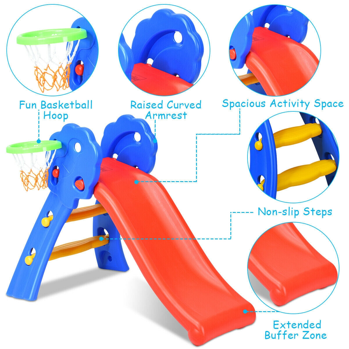 2 Step Indoors Kids Plastic Folding Slide with Basketball Hoop Kids Crystal