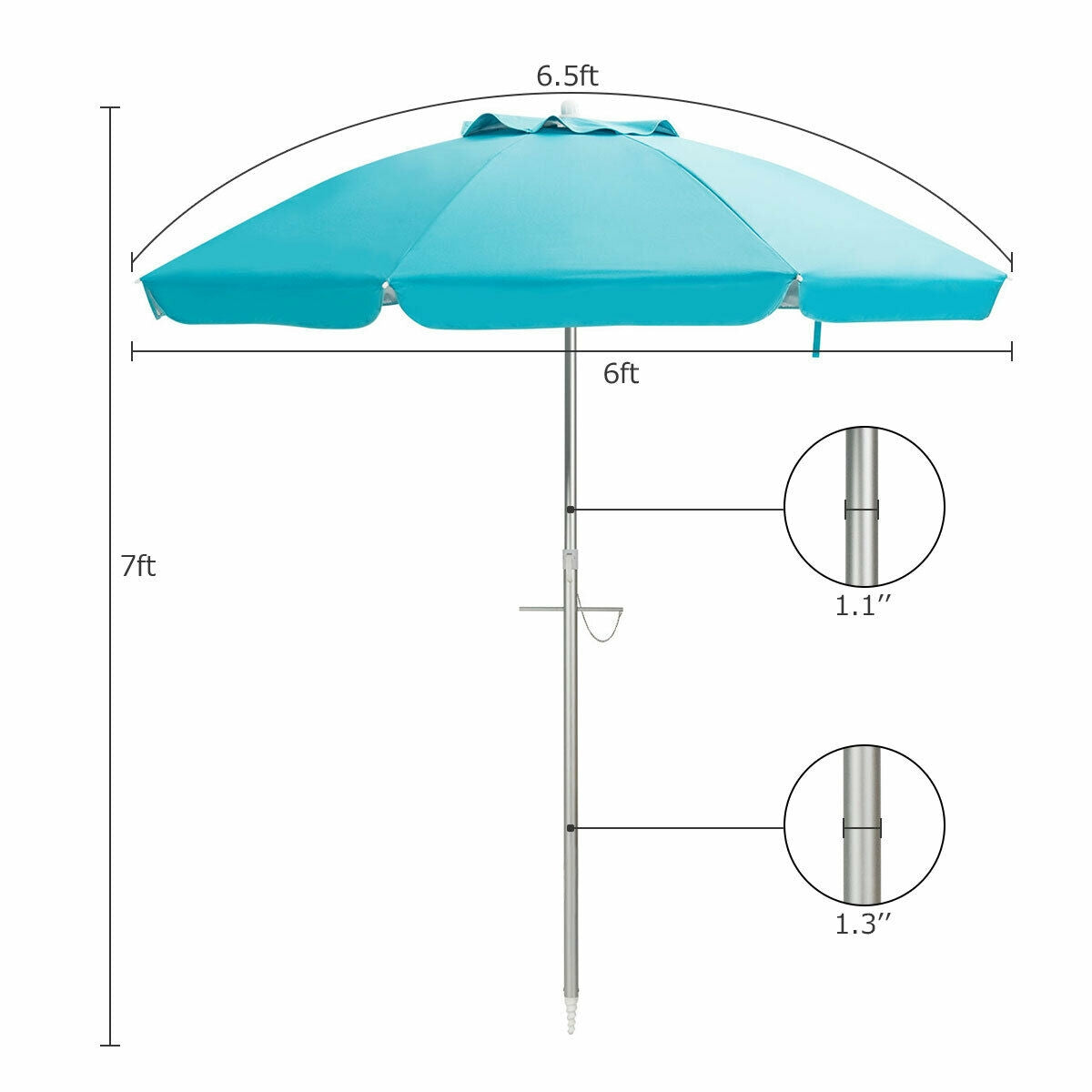 6.5 Feet Beach Umbrella with Sun Shade and Carry Bag without Weight Base-Blue Kids Crystal