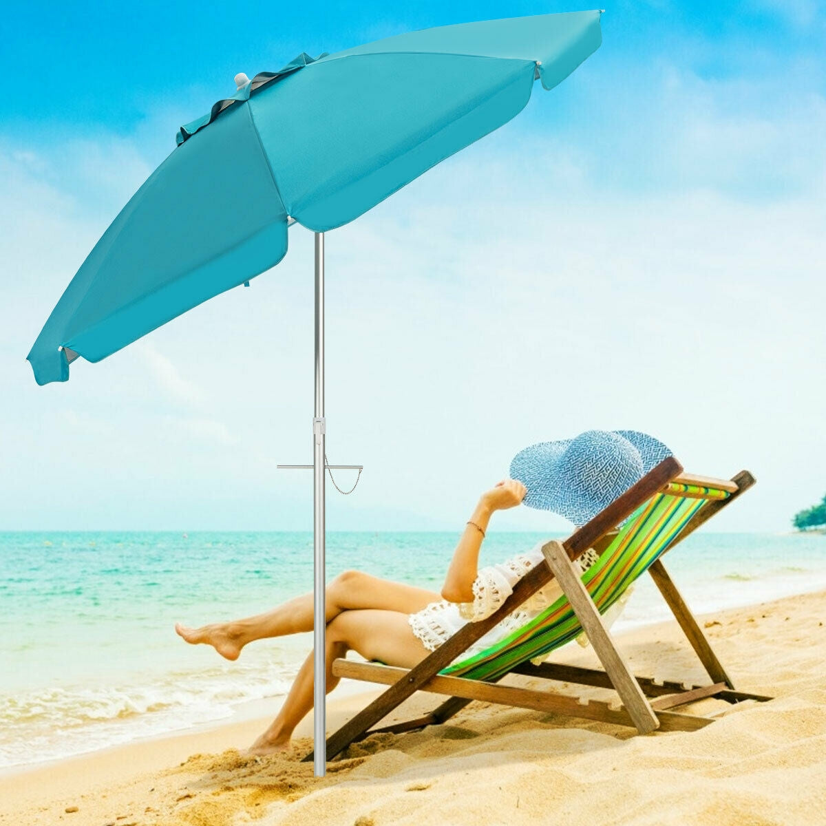 6.5 Feet Beach Umbrella with Sun Shade and Carry Bag without Weight Base-Blue Kids Crystal