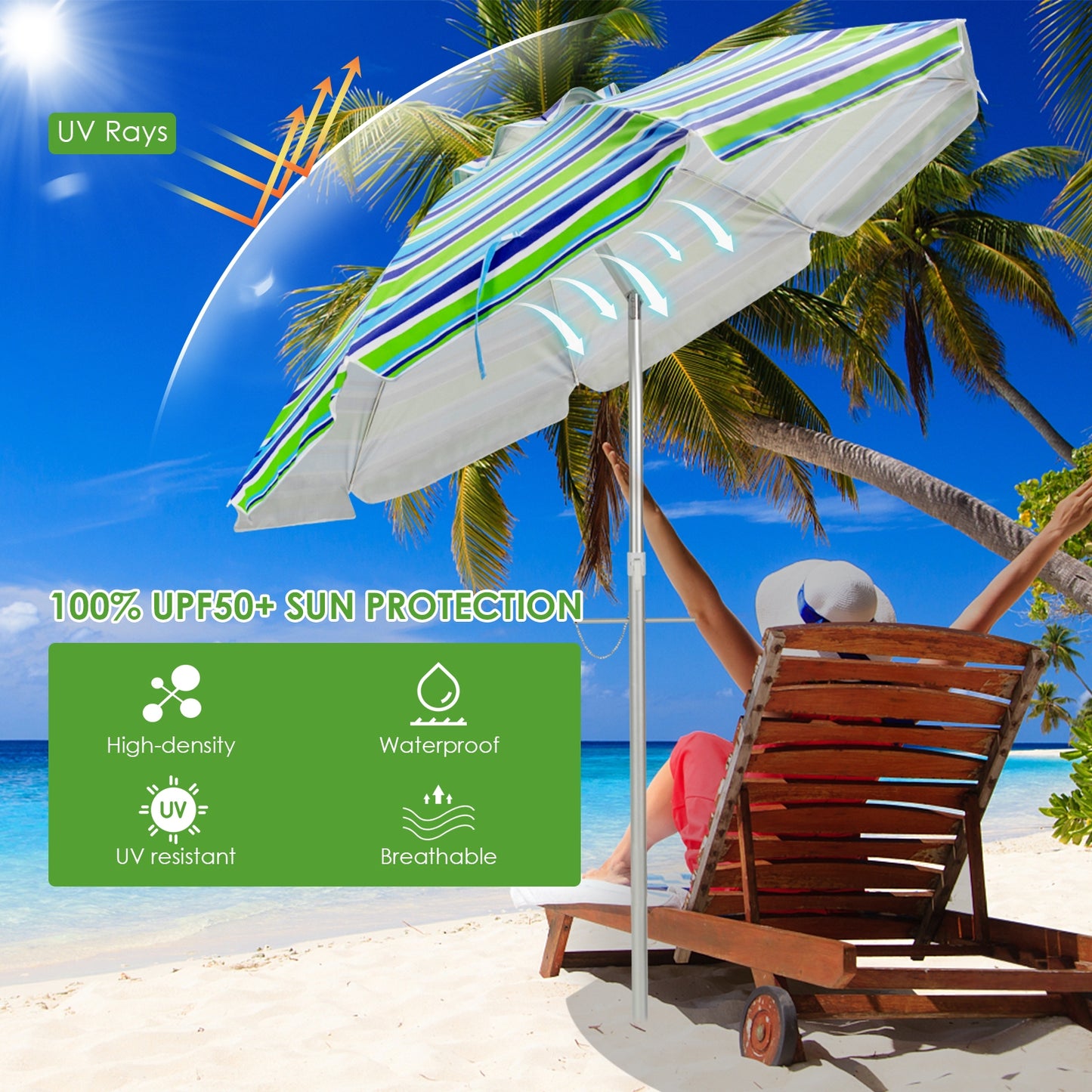 6.5 Feet Beach Umbrella with Sun Shade and Carry Bag without Weight Base-Green Kids Crystal