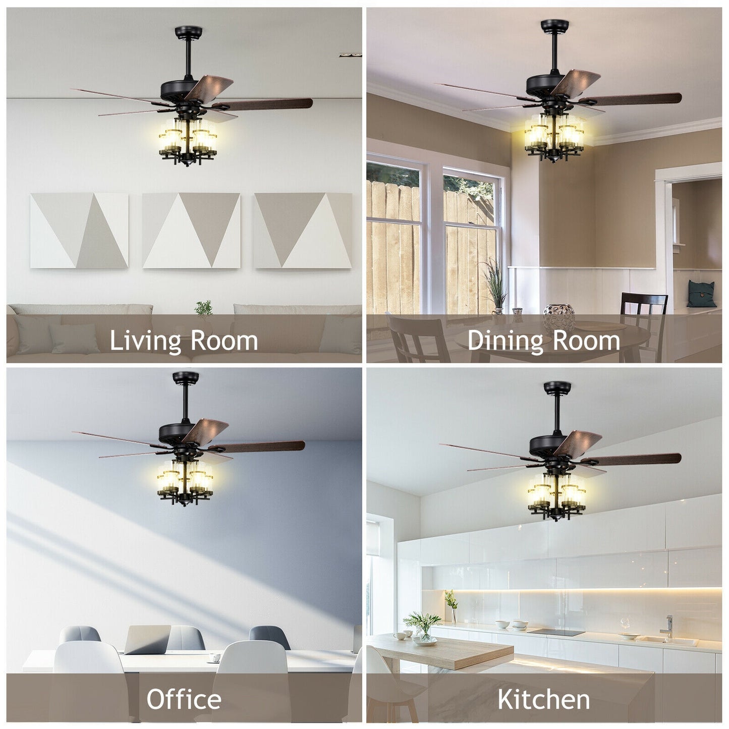 50 Inch Noiseless Ceiling Fan Light with Explosion-proof Glass Lampshades-Black Kids Crystal