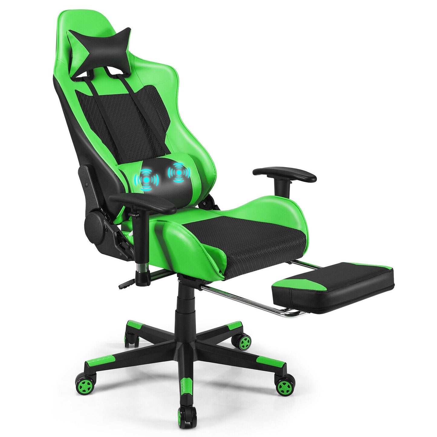 PU Leather Gaming Chair with USB Massage Lumbar Pillow and Footrest -Green Kids Crystal