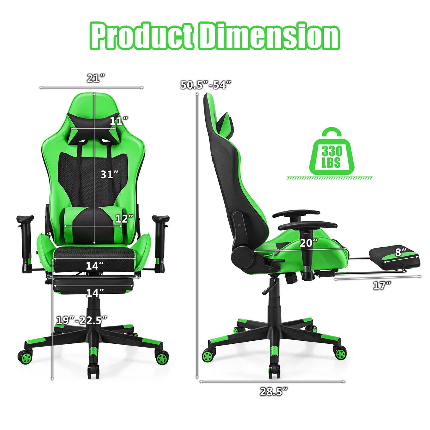 PU Leather Gaming Chair with USB Massage Lumbar Pillow and Footrest -Green Kids Crystal