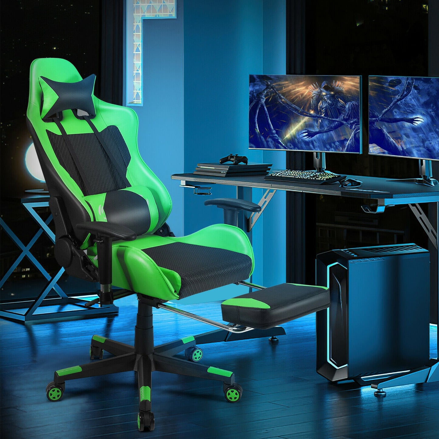 PU Leather Gaming Chair with USB Massage Lumbar Pillow and Footrest -Green Kids Crystal