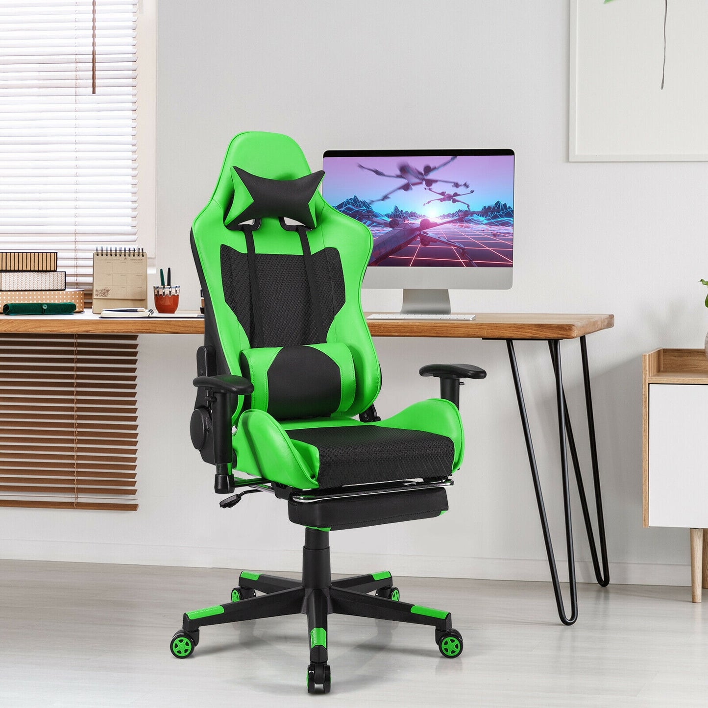 PU Leather Gaming Chair with USB Massage Lumbar Pillow and Footrest -Green Kids Crystal